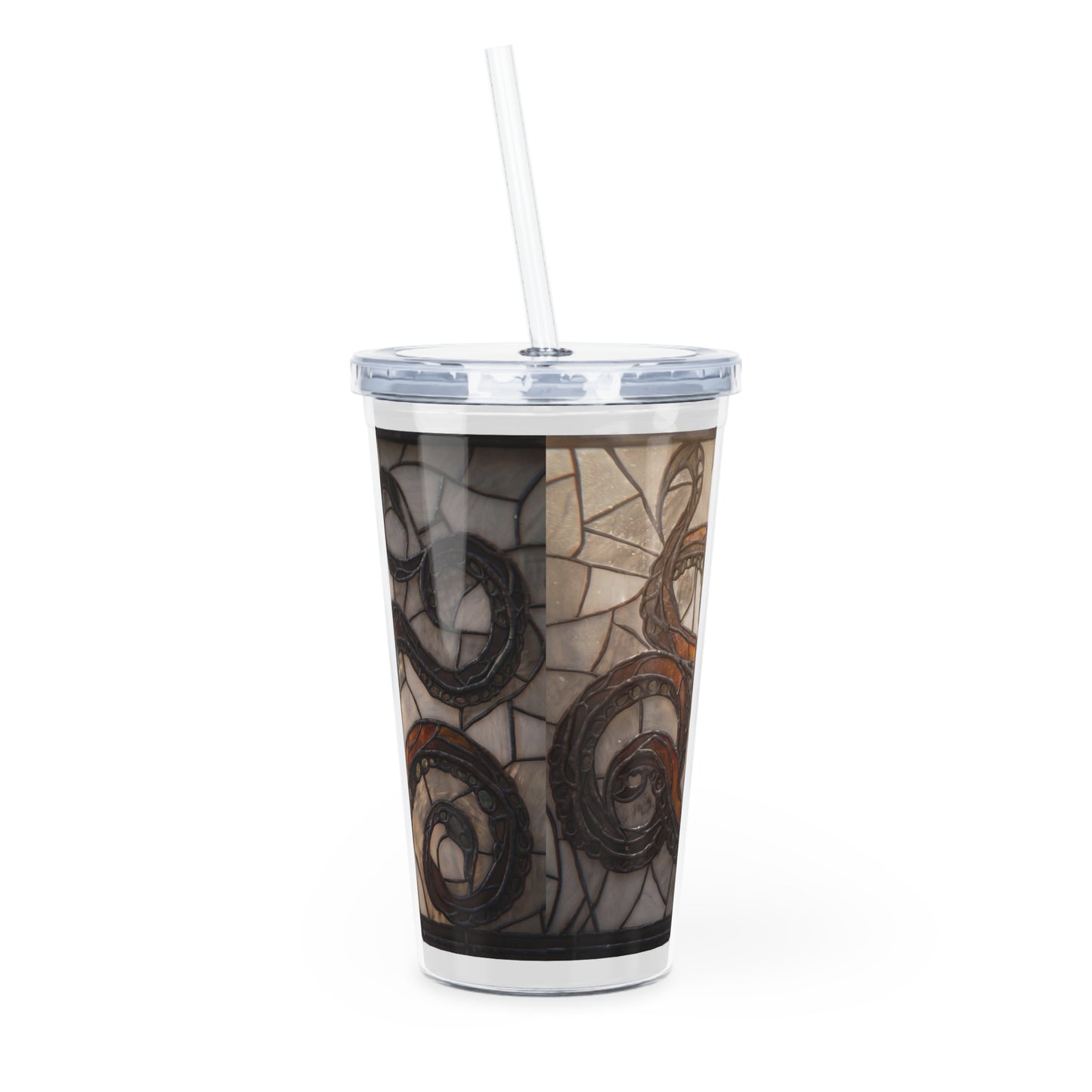Stained Glass Octopus Plastic Tumbler with Straw – Amber Depths & Iron Lace