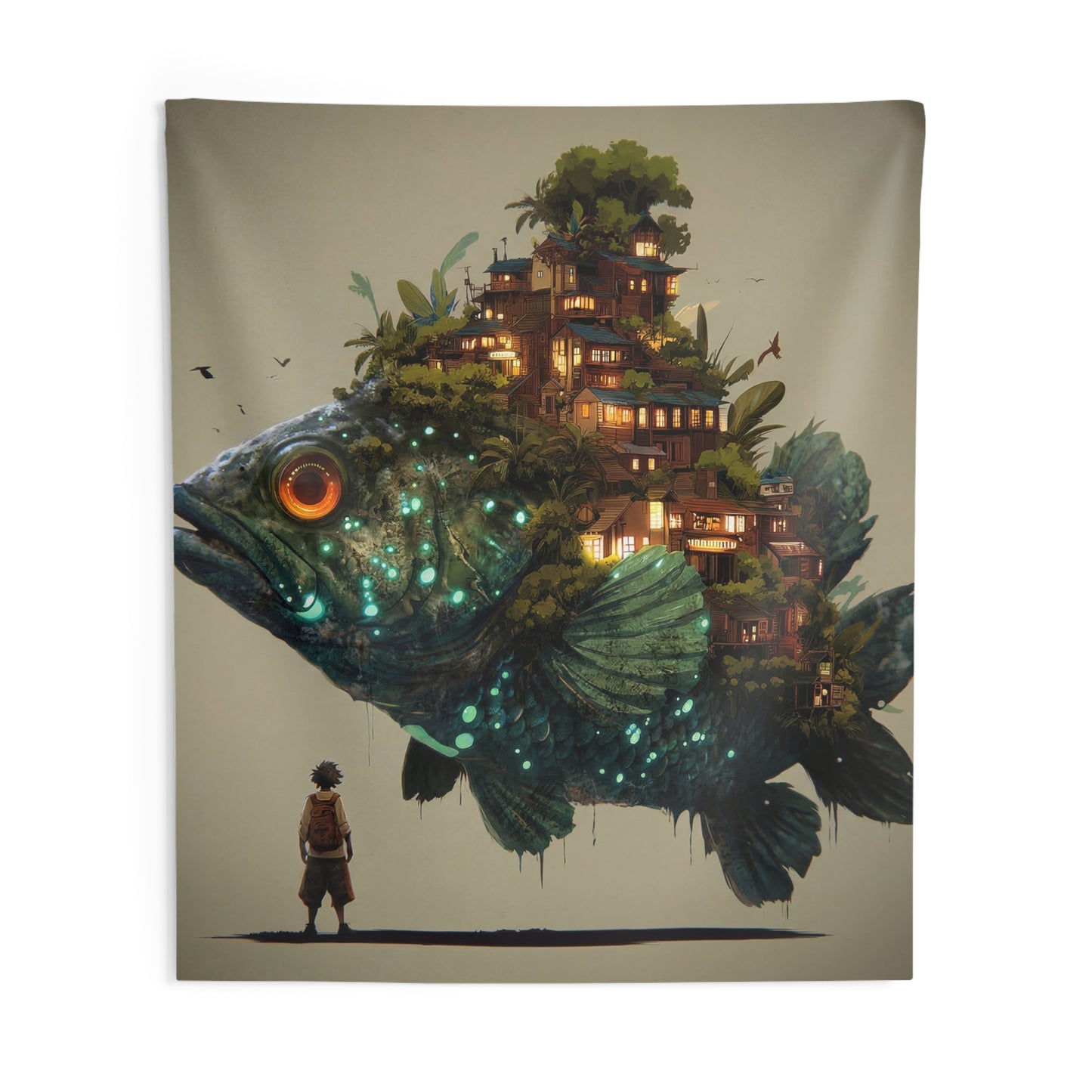 Giant Bioluminescent Fish with Floating Village Indoor Wall Tapestries – A Whispering Ocean Home