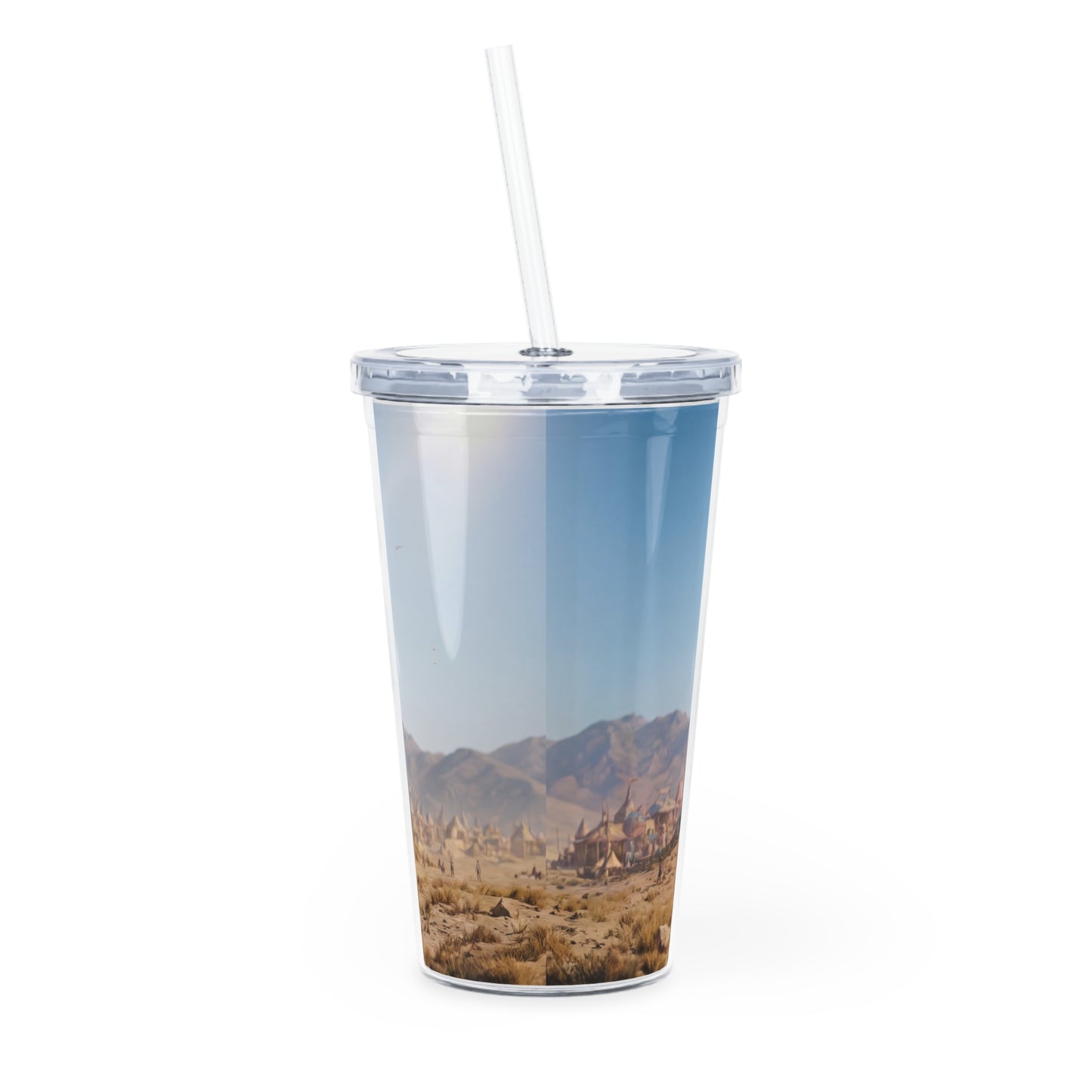Desert Citadel Plastic Tumbler with Straw – Sunlit Ruins and Wanderers