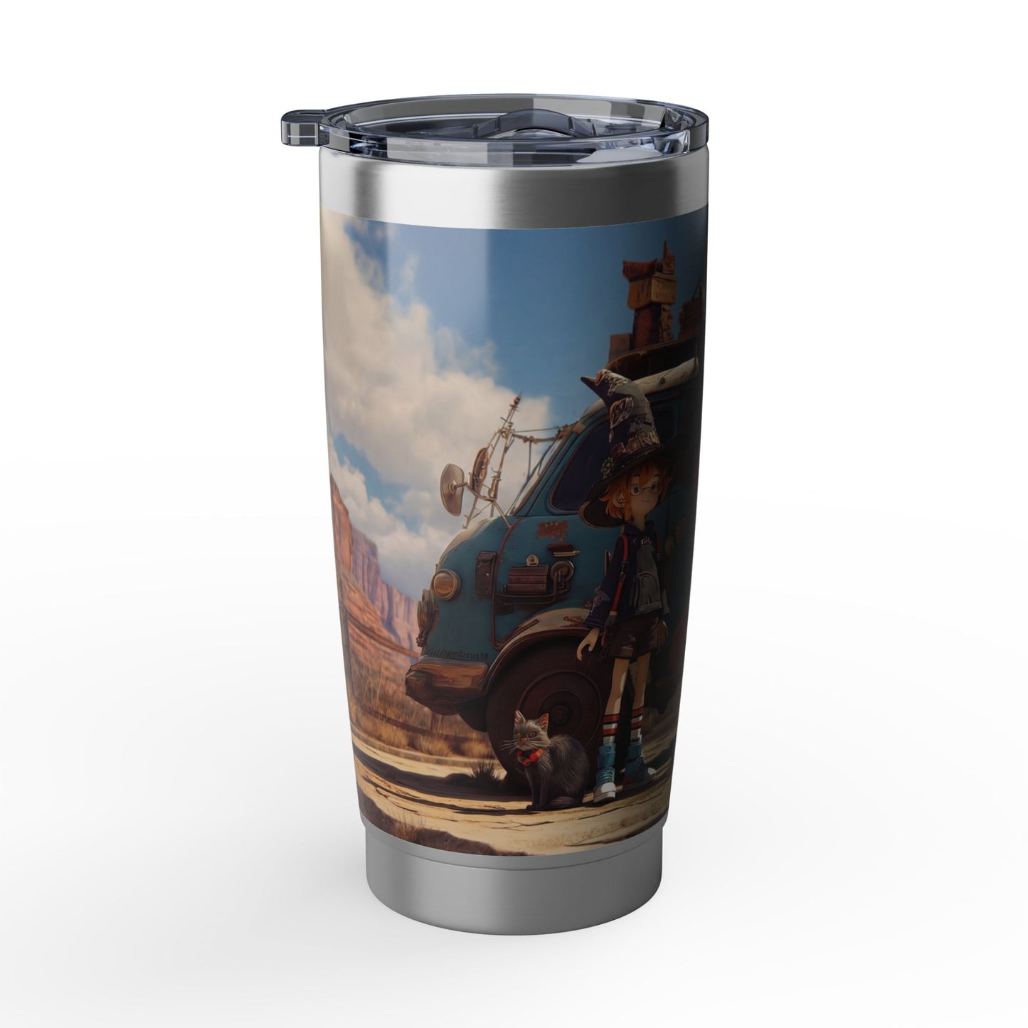 Witch Roadtrip Vagabond 20oz Tumbler – Three Wands & a Cat in Sun-Dappled Dust