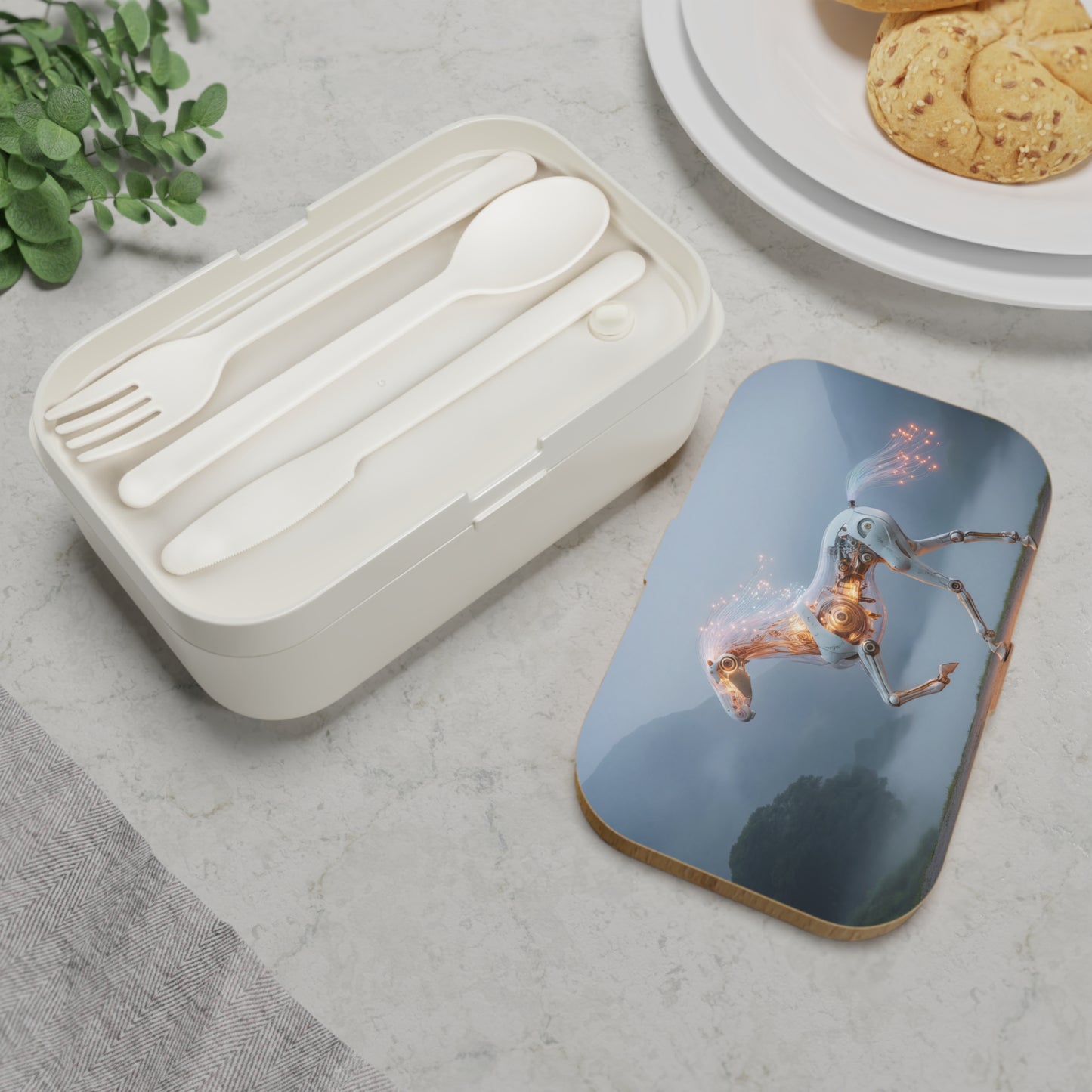 Cybernetic Steed Bento Lunch Box – Glowing Circuitry in Misty Mountains