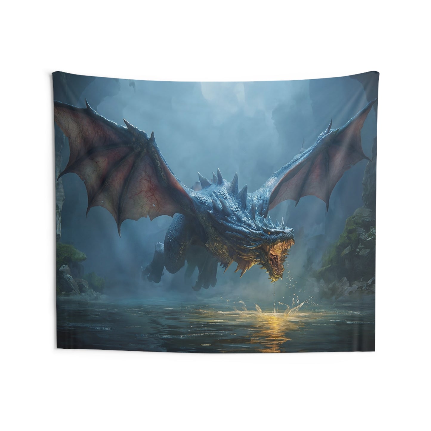 Azure Dragon Soaring Over Misty River Indoor Wall Tapestries – Ancient Waterscape Guardian