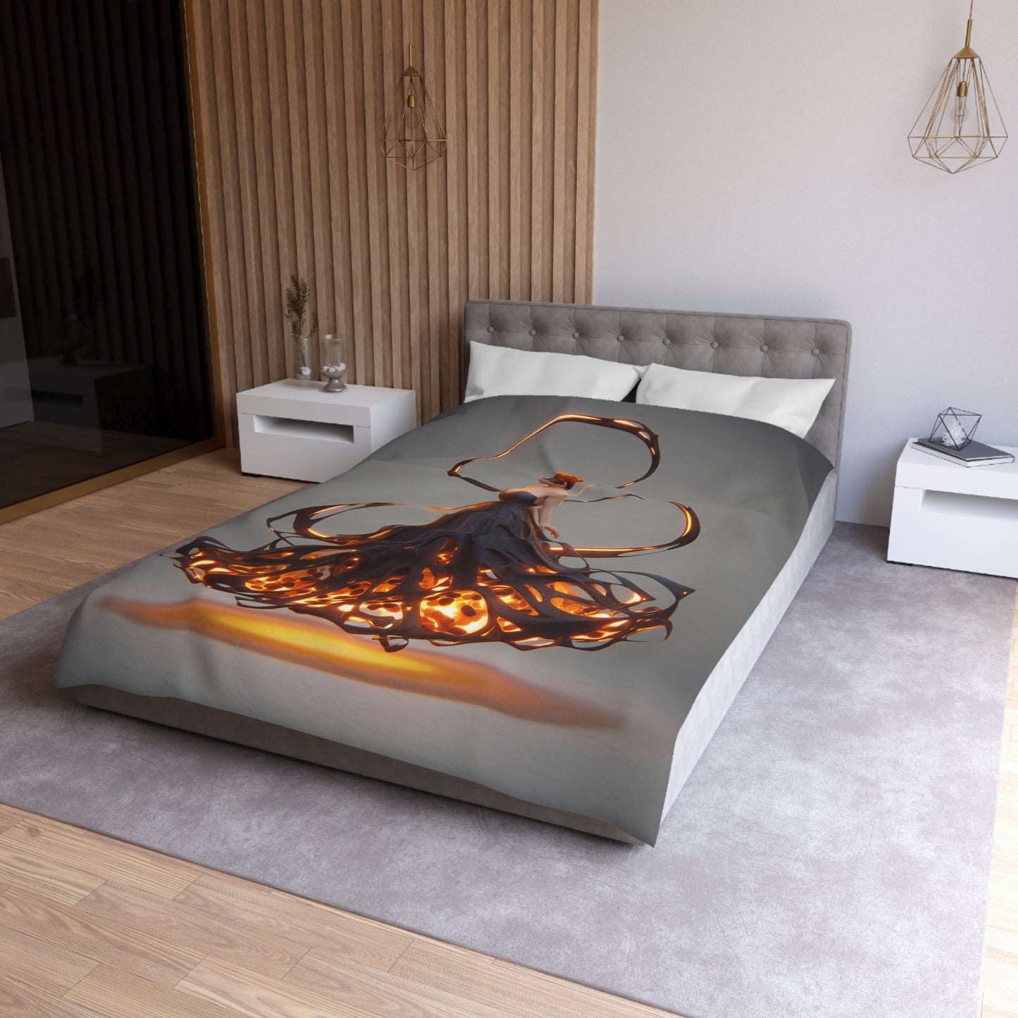 Luminescent Veil Duvet Cover – Floating Goddess in Amber Glow