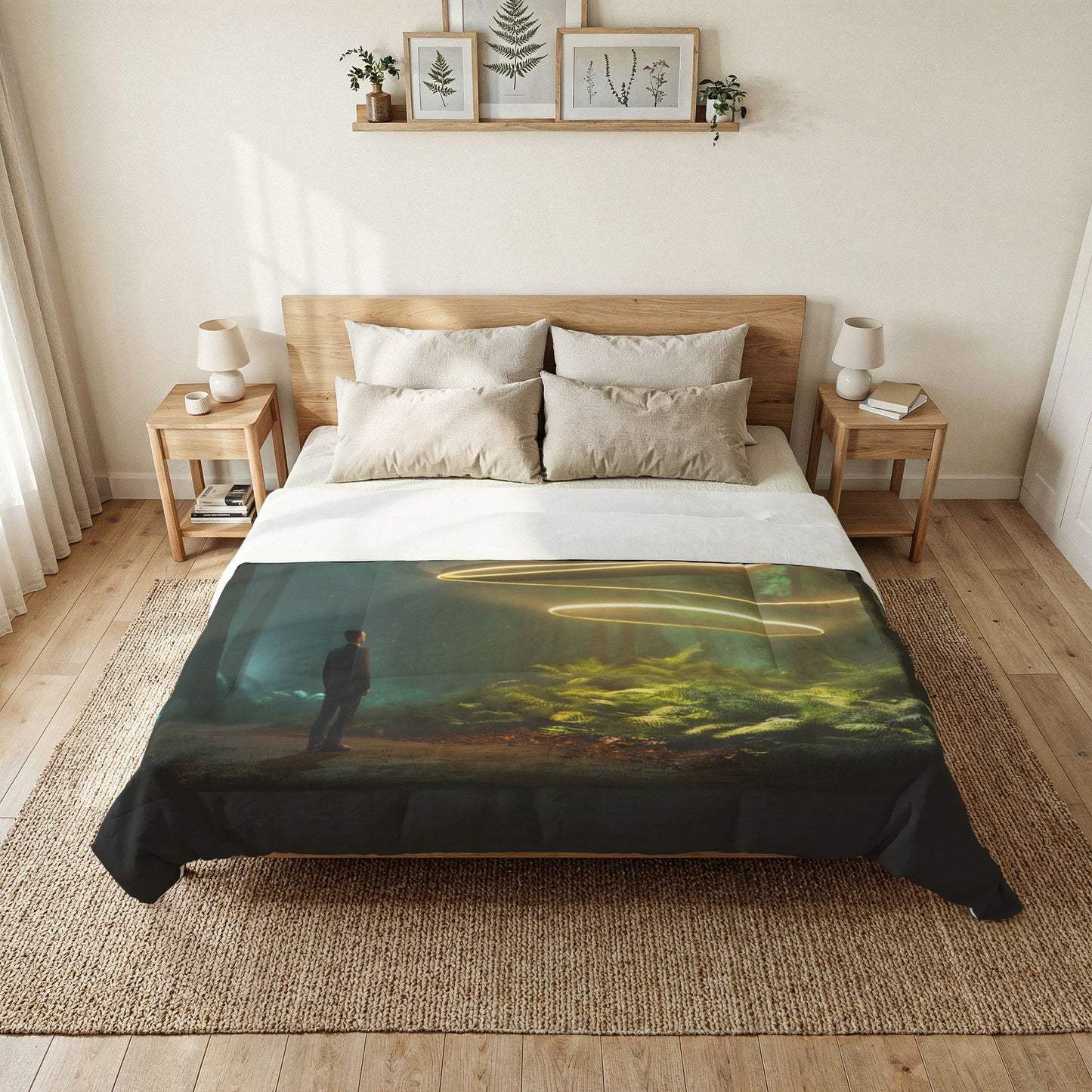 Luminous Spiral Forest Comforter – Golden Rings & Silent Guardian Blanket