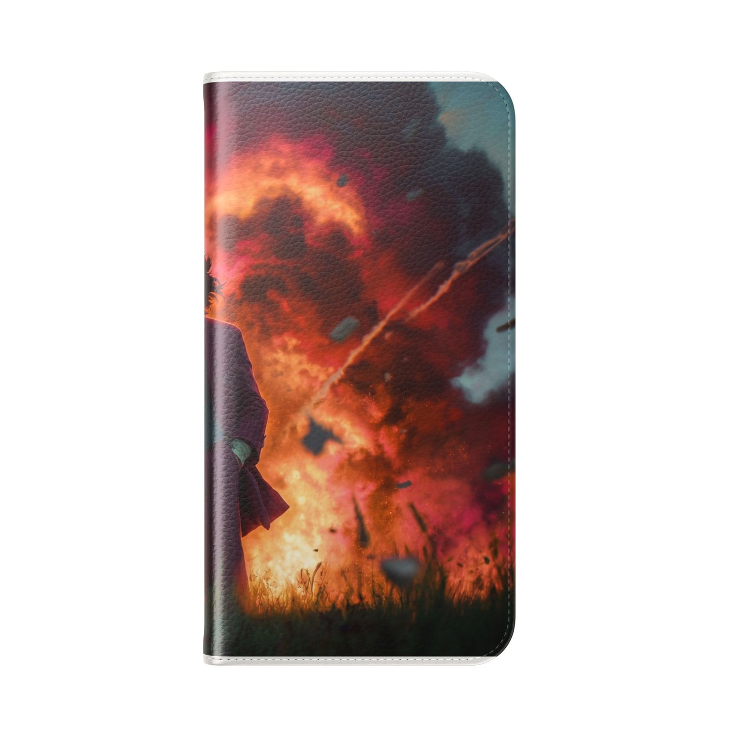 Goggles & Chaos Flip Cases – Purple Suit Amidst Fiery Explosion