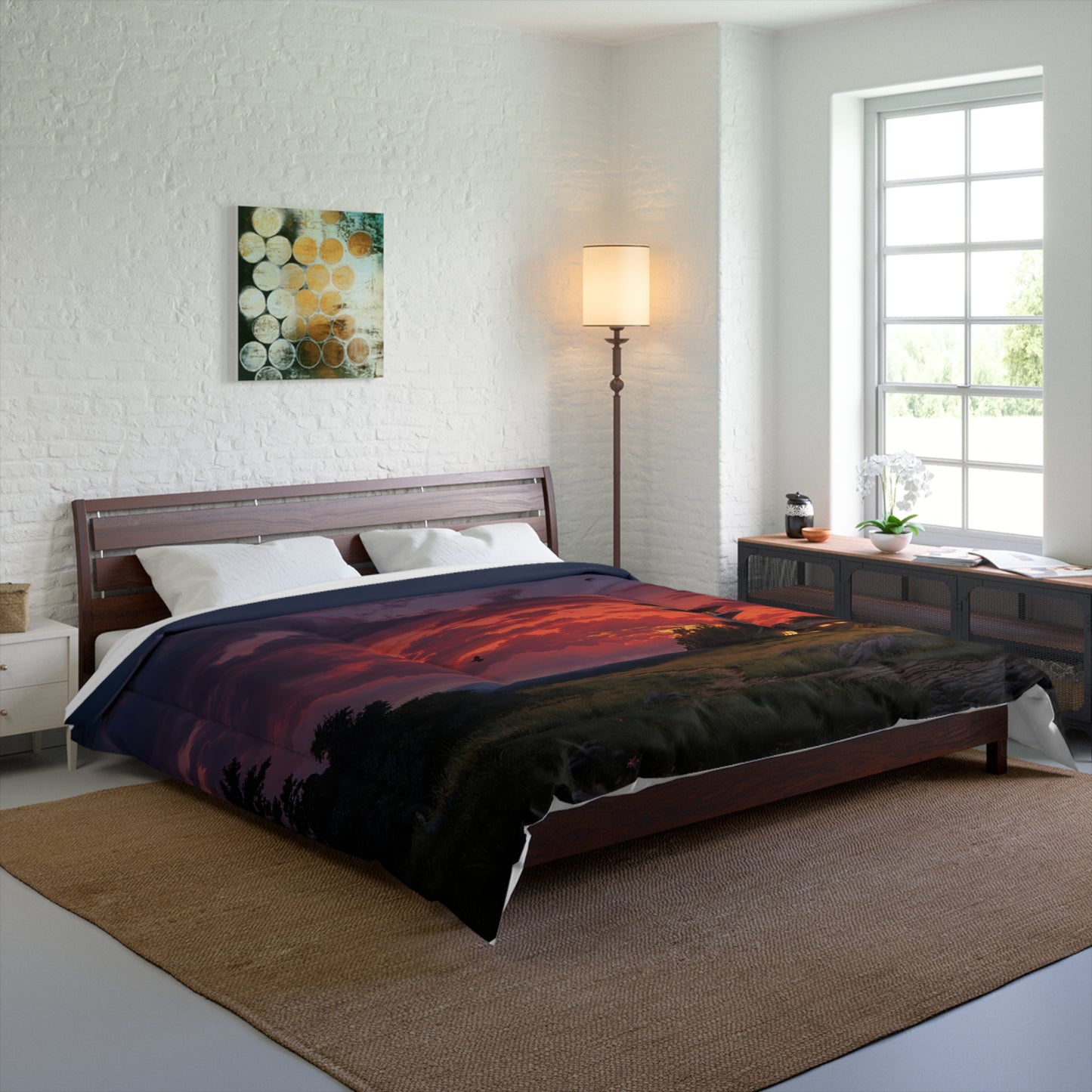 Sunset Watchtower Comforter – Warm Light Against Crimson Skies