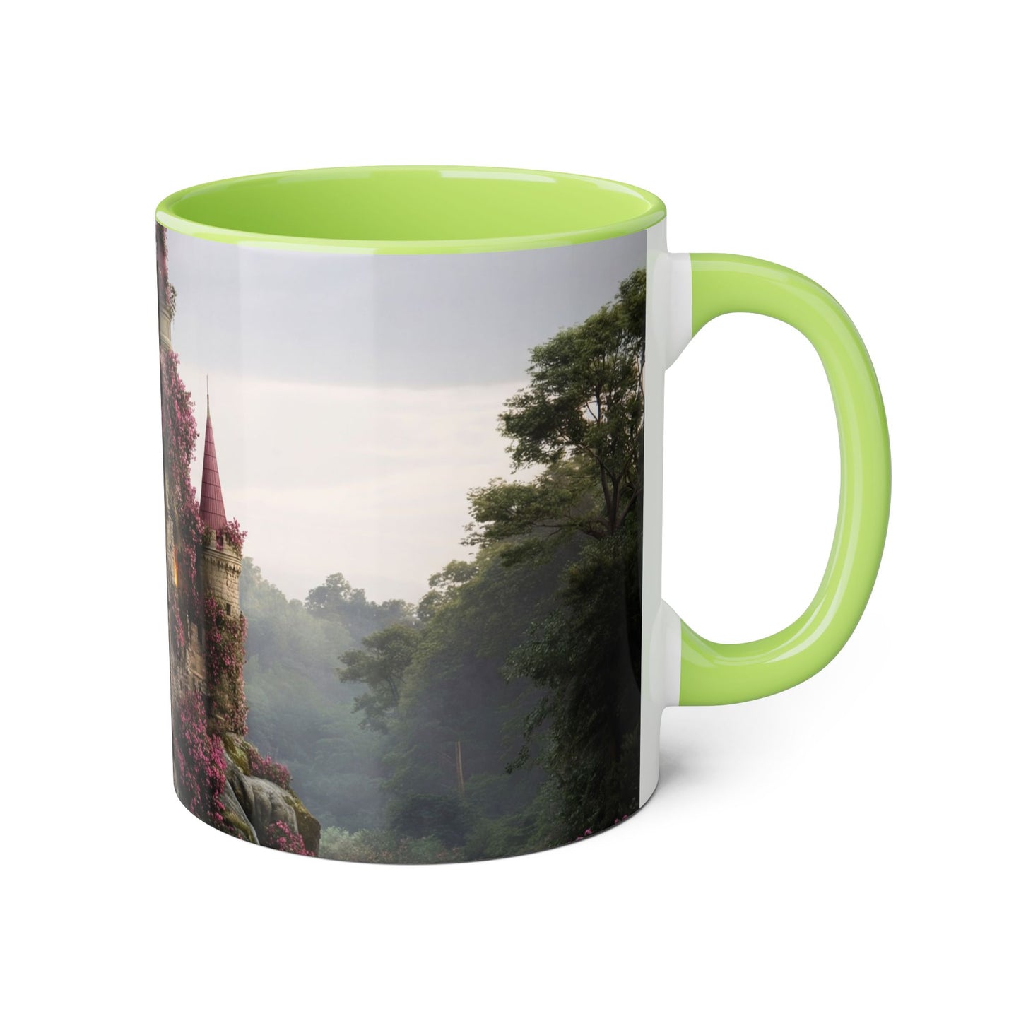 Rose-Covered Tower Accent Mugs, 11oz – Pink Bloomed Gothic Ruin
