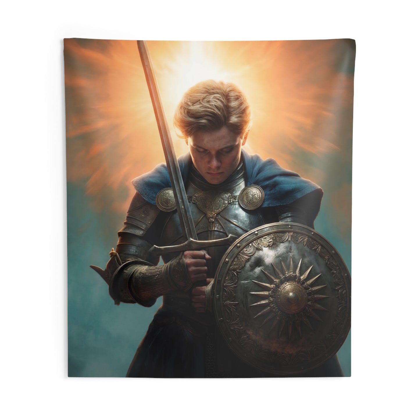Radiant Knight Indoor Wall Tapestries – Dawn’s Last Light Before Battle