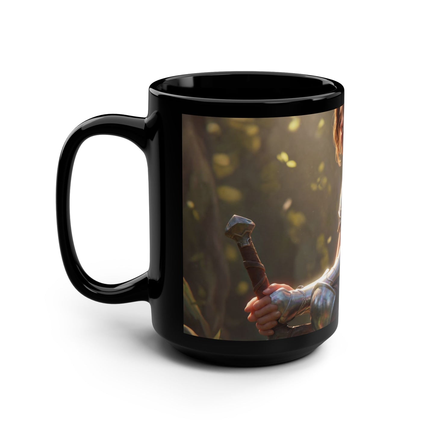 Elven Paladin with Mini Dragon Black Mug, 15oz – Iridescent Armor & Tiny Guardian