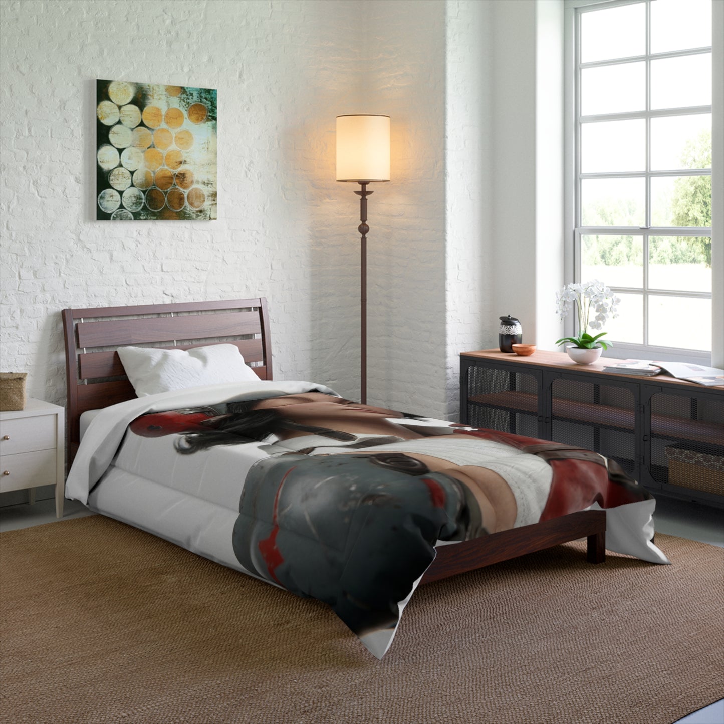 Vintage Pilot Portrait Comforter – Crimson Goggles & Steel Helm