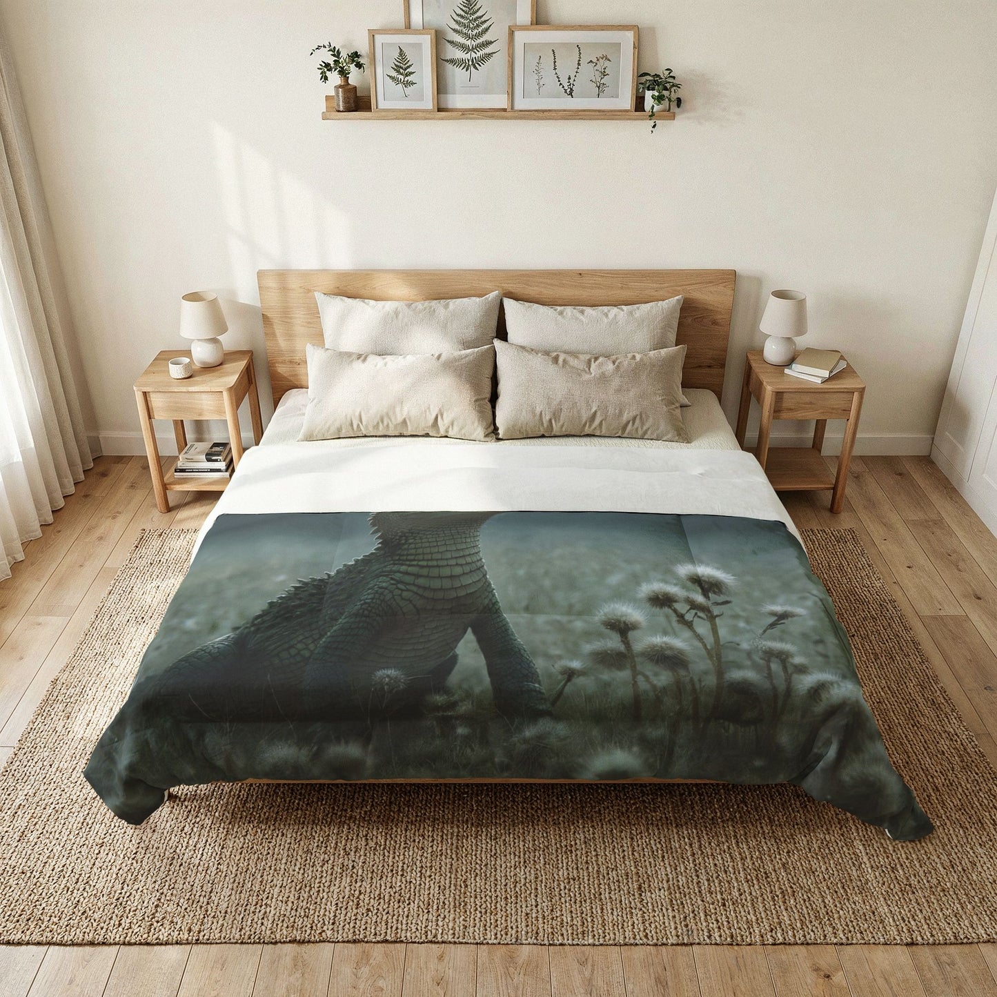 Crocodile Sentinel Cotton Comforter – Emerald Guardian Watching Butterfly