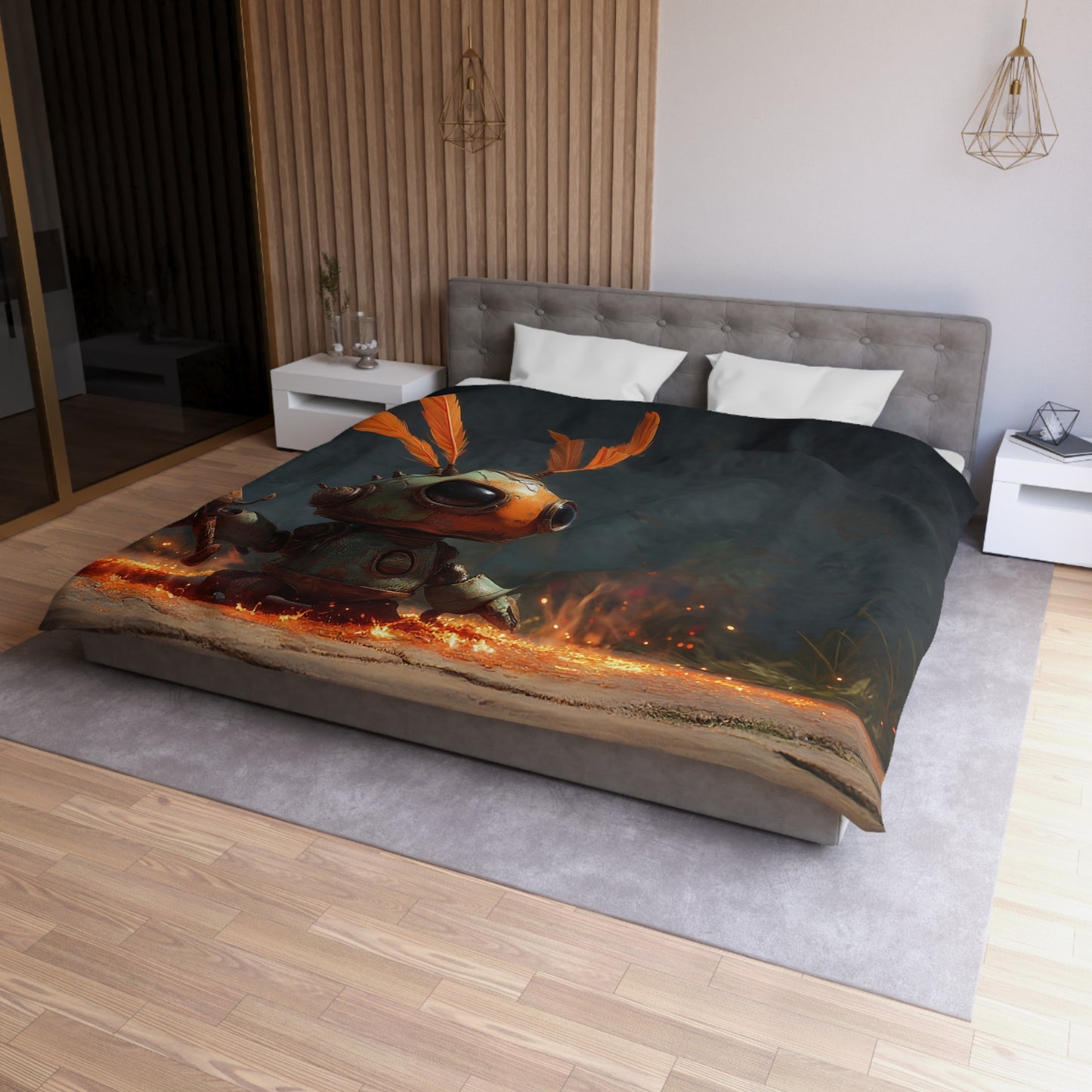 Feathery Knight Microfiber Duvet Cover – Rustic Mechanical Guardian in Ember Light