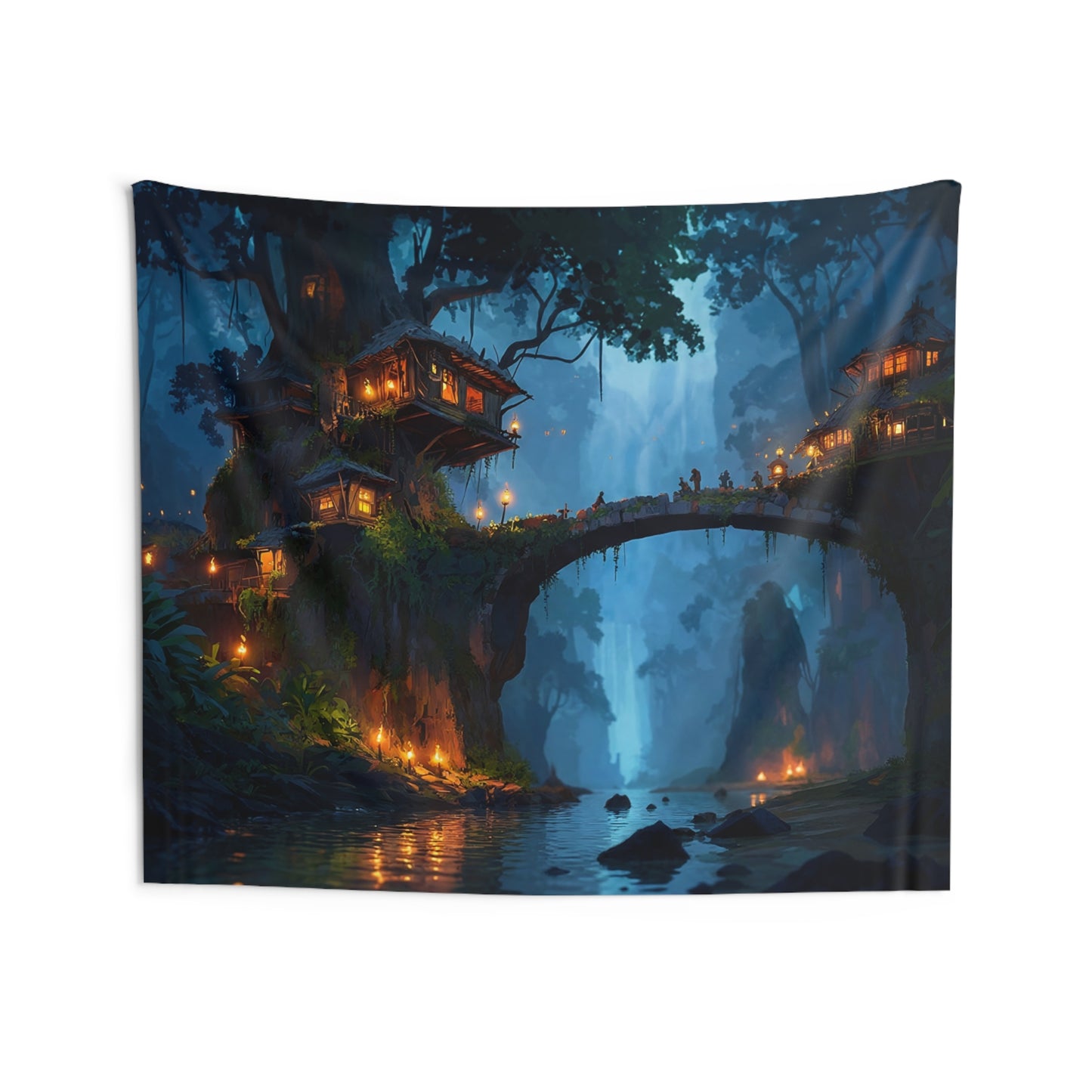 Whispering Canopy Bridge Tapestry – Glowlit Jungle Village at Dusk
