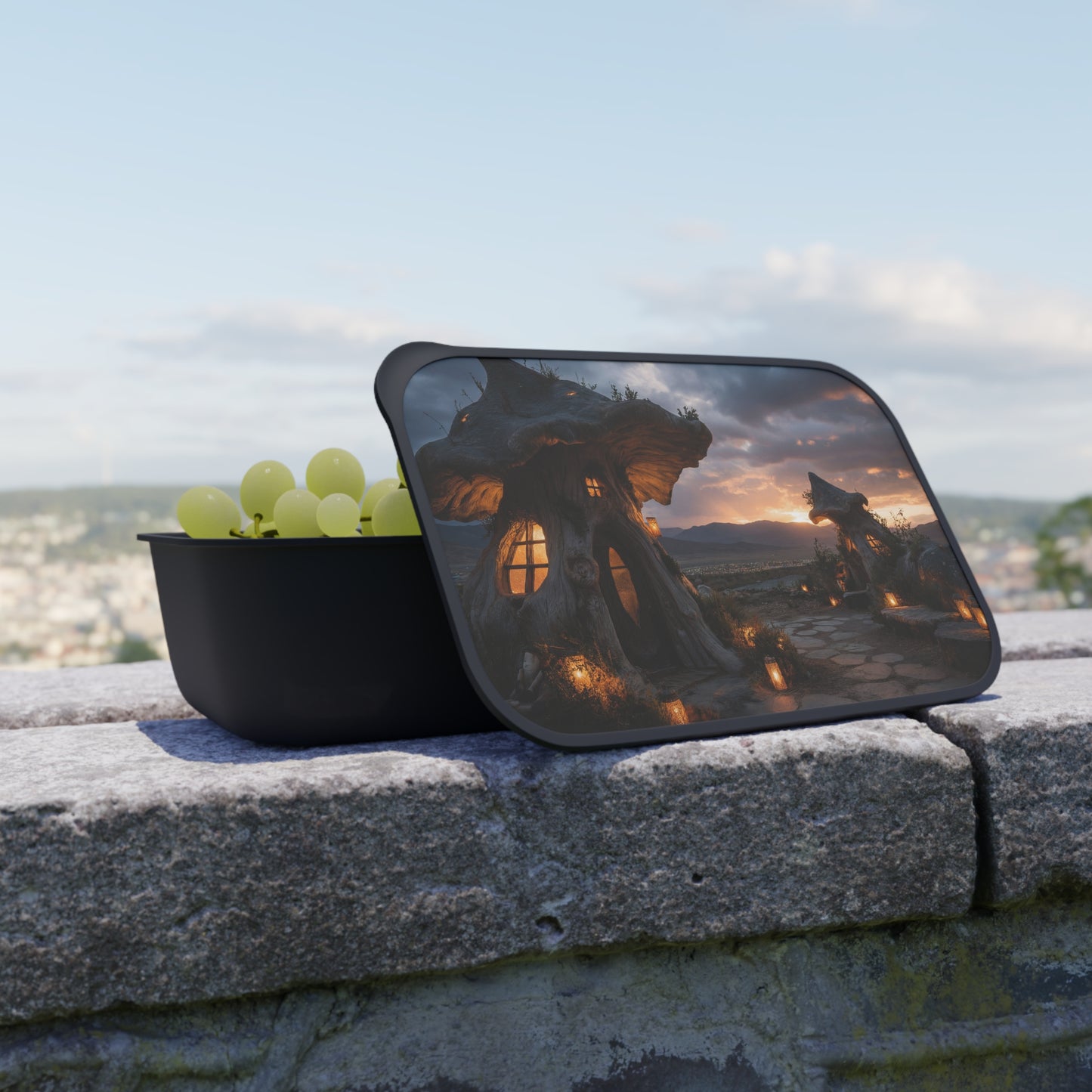 Twilight Mushroom Cottage PLA Bento Box with Band and Utensils – Warm Glow Over Mountain Vista