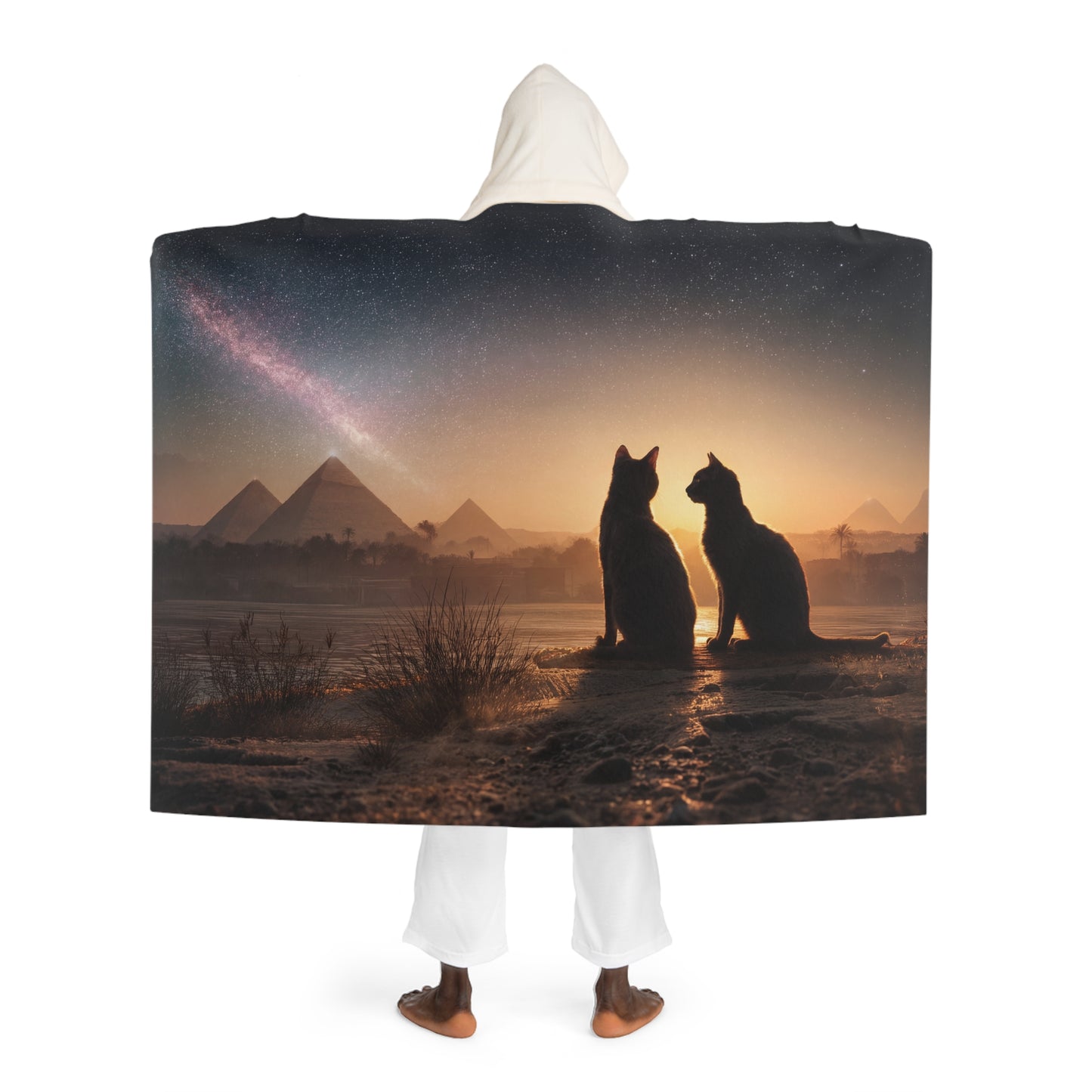 Twin Cats Stargazing at Pyramids Hooded Sherpa Fleece Blanket – Nile Sunset Dreamscape
