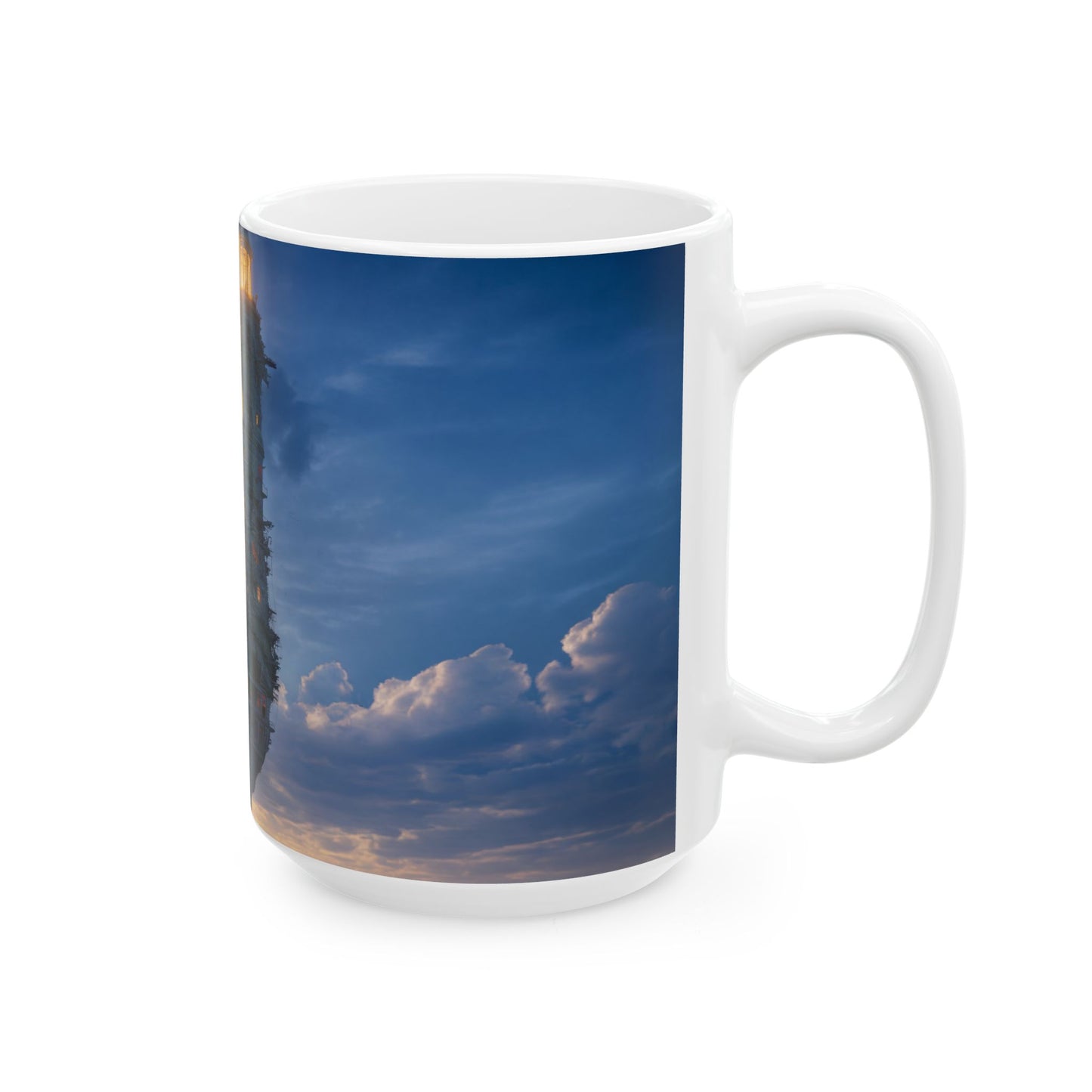 Skyborne Lighthouse Ceramic Mug – Twilight Beacon in the Clouds