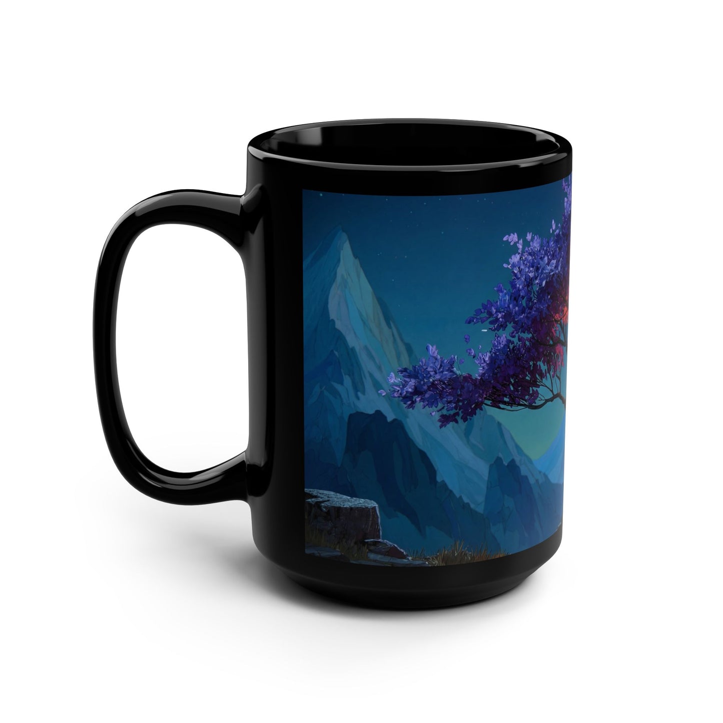 Twilight Bloom Black Mug, 15oz – Violet Canopy and Golden Glow