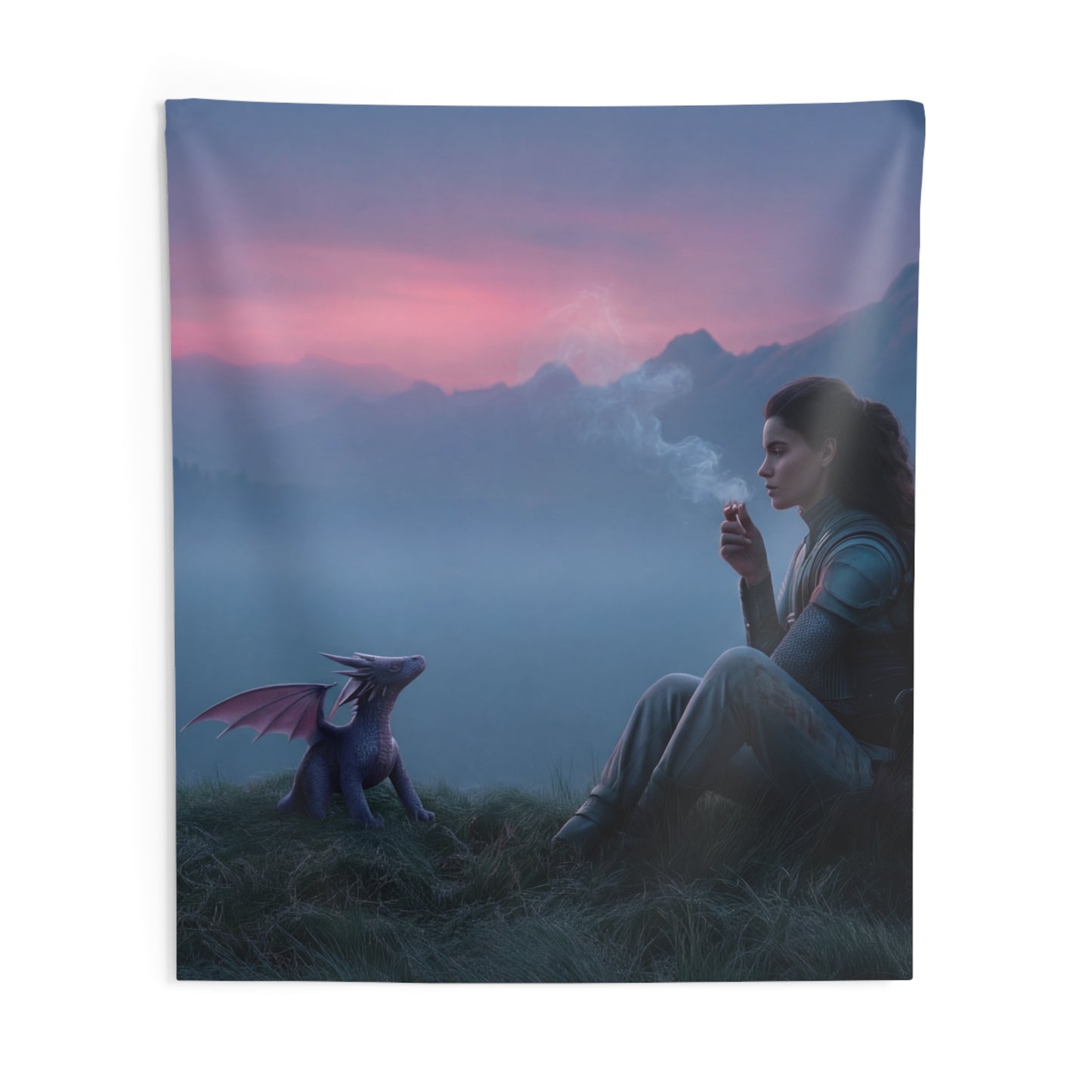 Warrior and Dragon at Dawn Wall Tapestry – Quiet Mountain Vigil