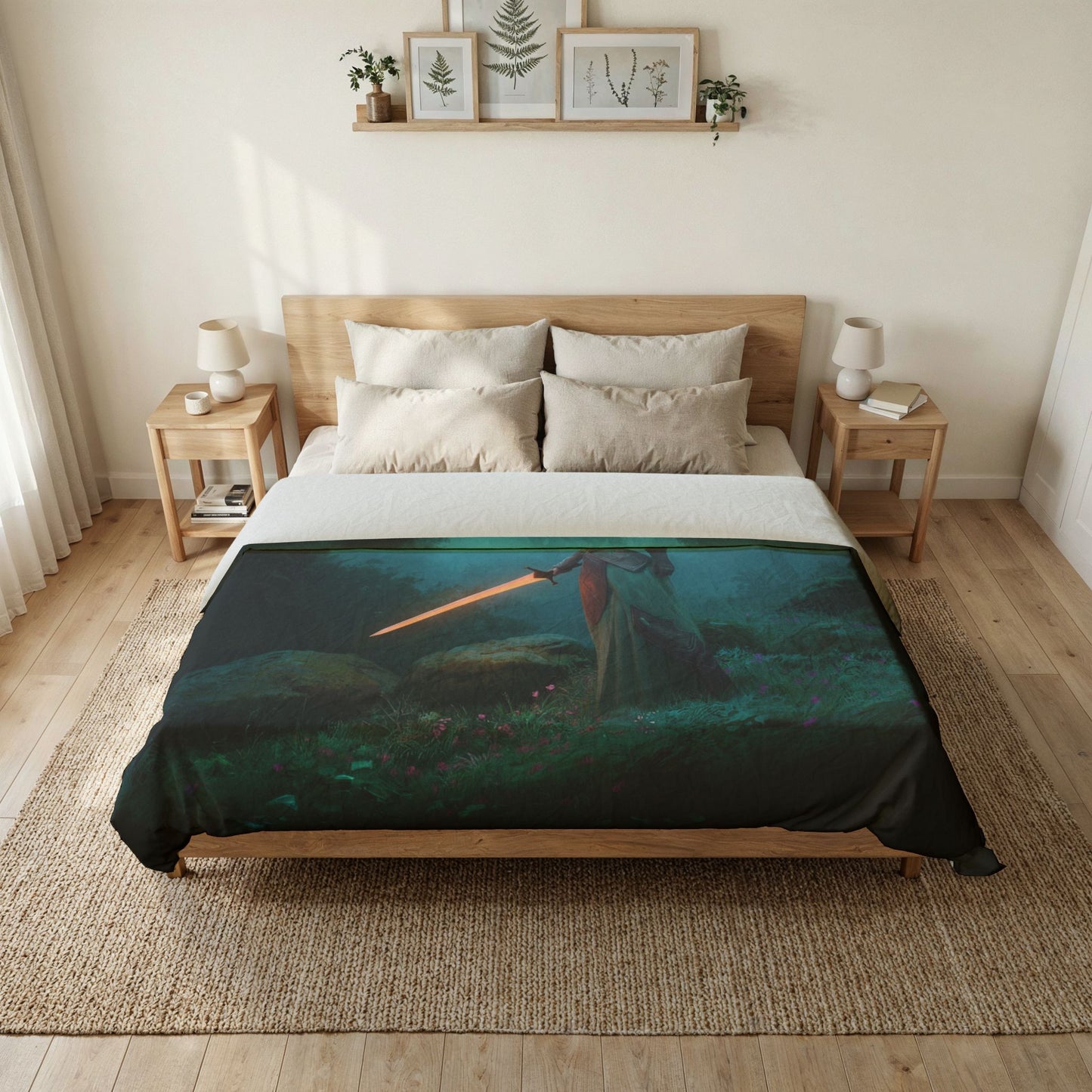 Guardian Elf Sword Cotton Duvet Cover – Misty Forest Sentinel