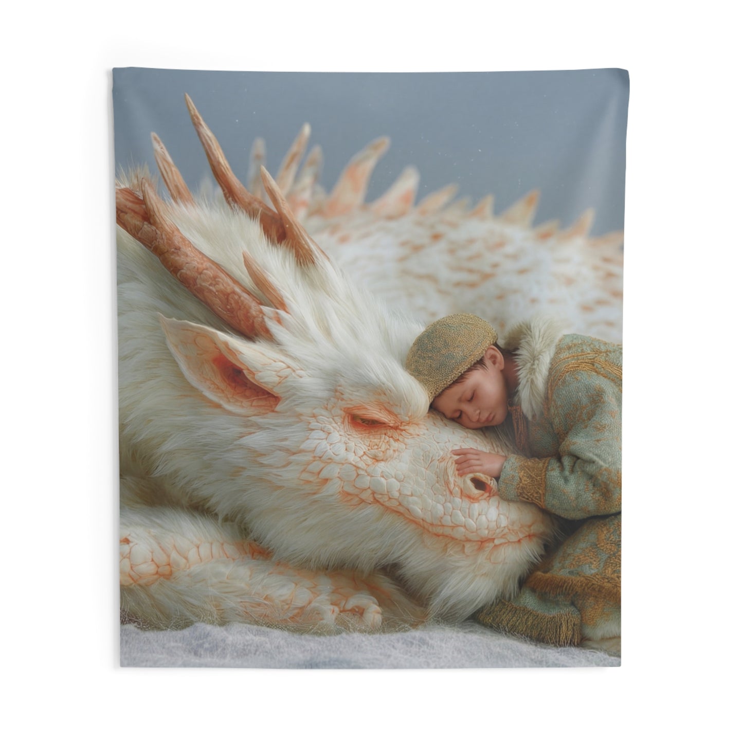 Child and White Dragon Indoor Wall Tapestries – Snowbound Serenity Dreamscape