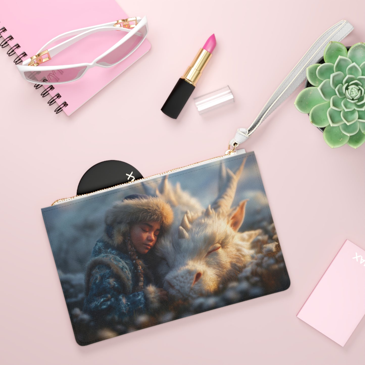 Winter Guardian Clutch Bag – Soft White Dragon & Child Resting Together