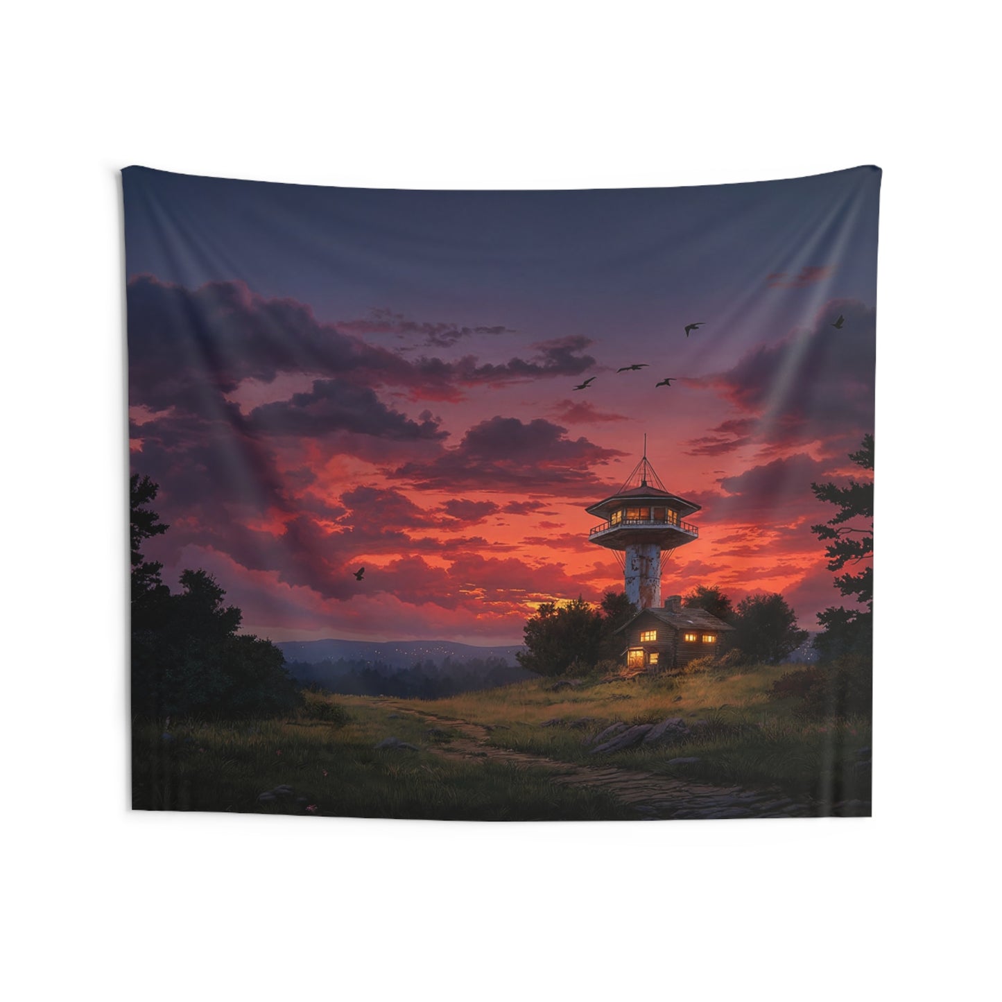 Twilight Watchtower Wall Tapestry – Crimson Sky Over Mountain Sentinel