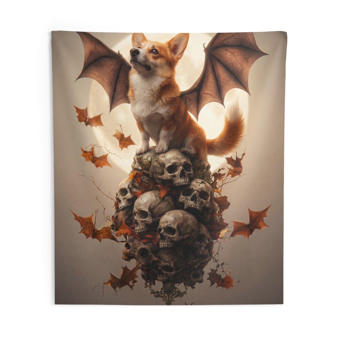 Winged Corgi on Skull Throne Tapestry – Autumn Moonlit Guardian