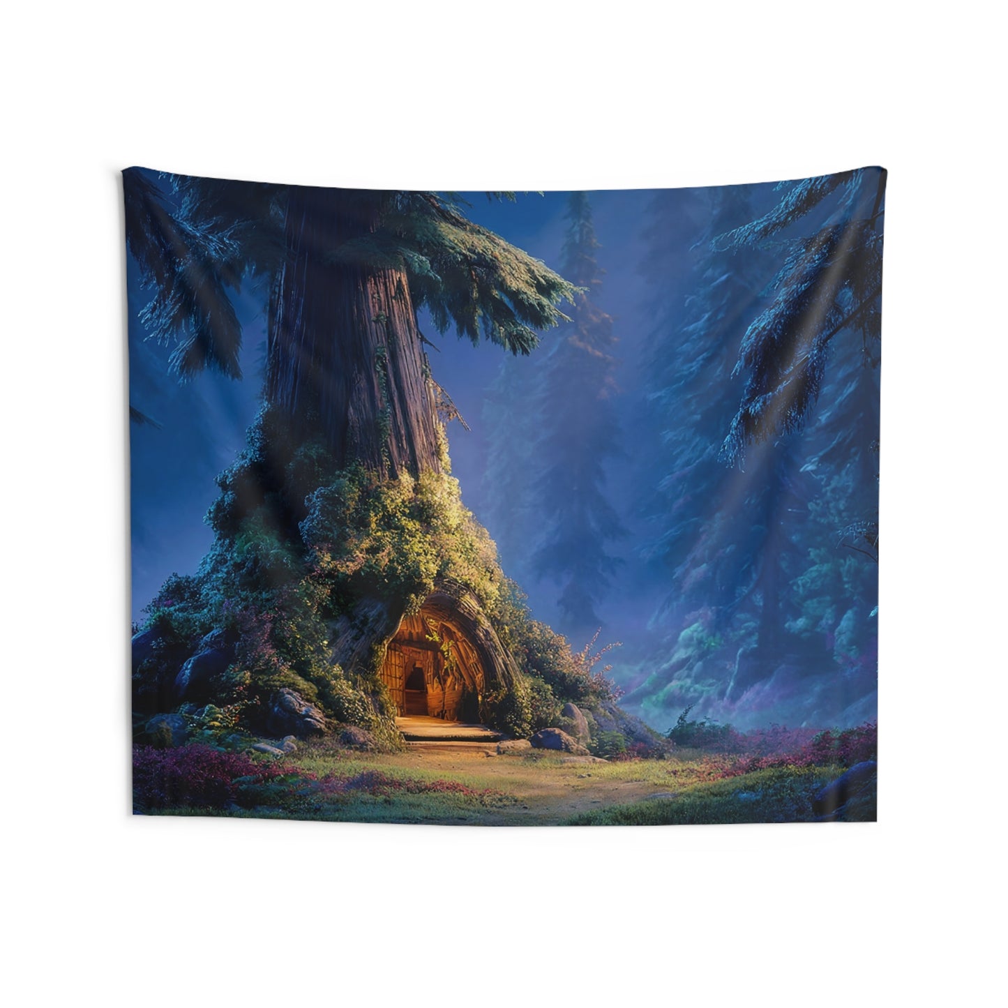 Whispering Grove Treehouse Tapestry – Moonlit Haven in the Ancient Forest