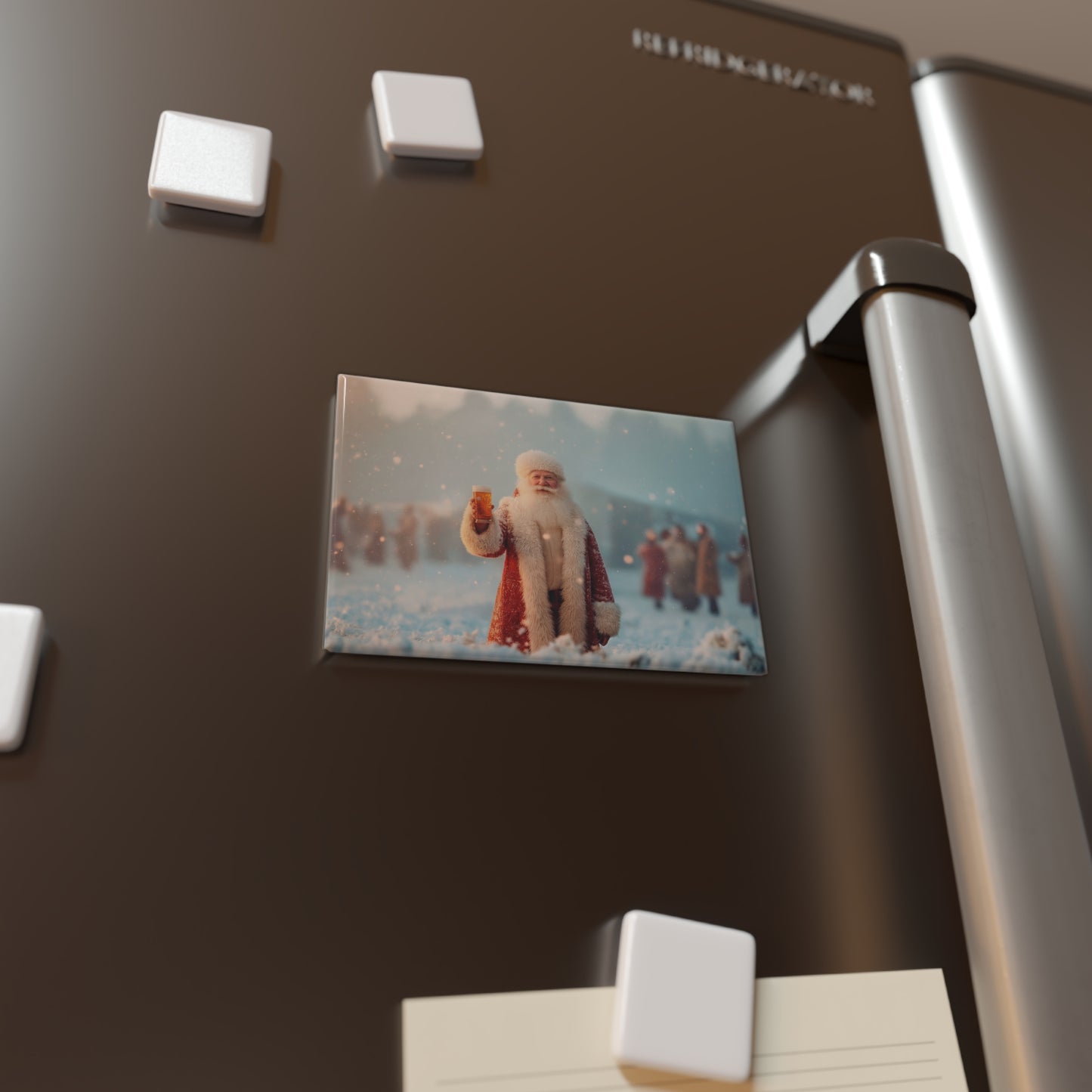 Santa with Beer Button Magnet, Rectangle (1 & 10 pcs) – Frost-Kissed Toast in a Winter Field
