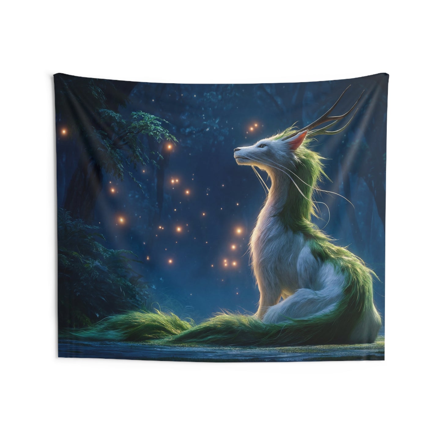 Luminescent Forest Spirit Indoor Wall Tapestries – Moonlit Fox with Green Mane