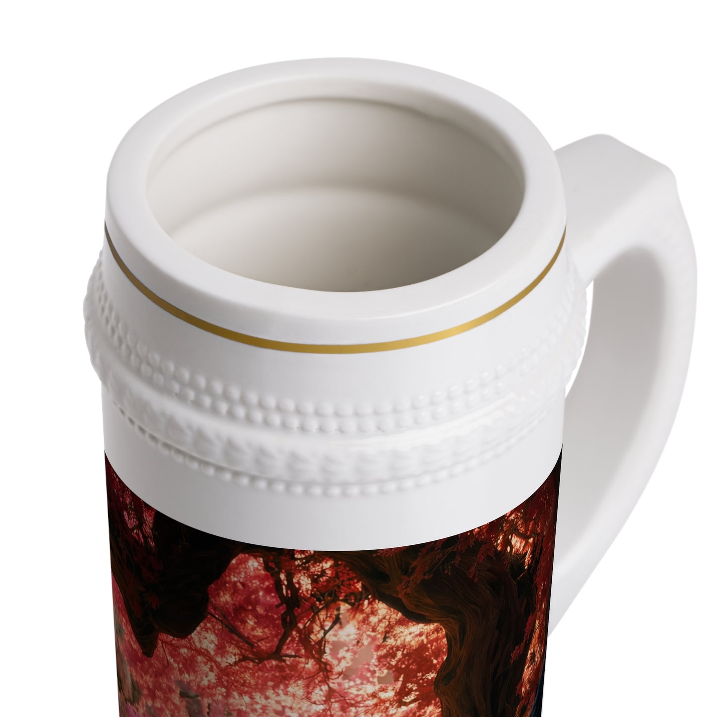 Crimson Canopy Stein Mug – Heart-Shaped Forest Romance