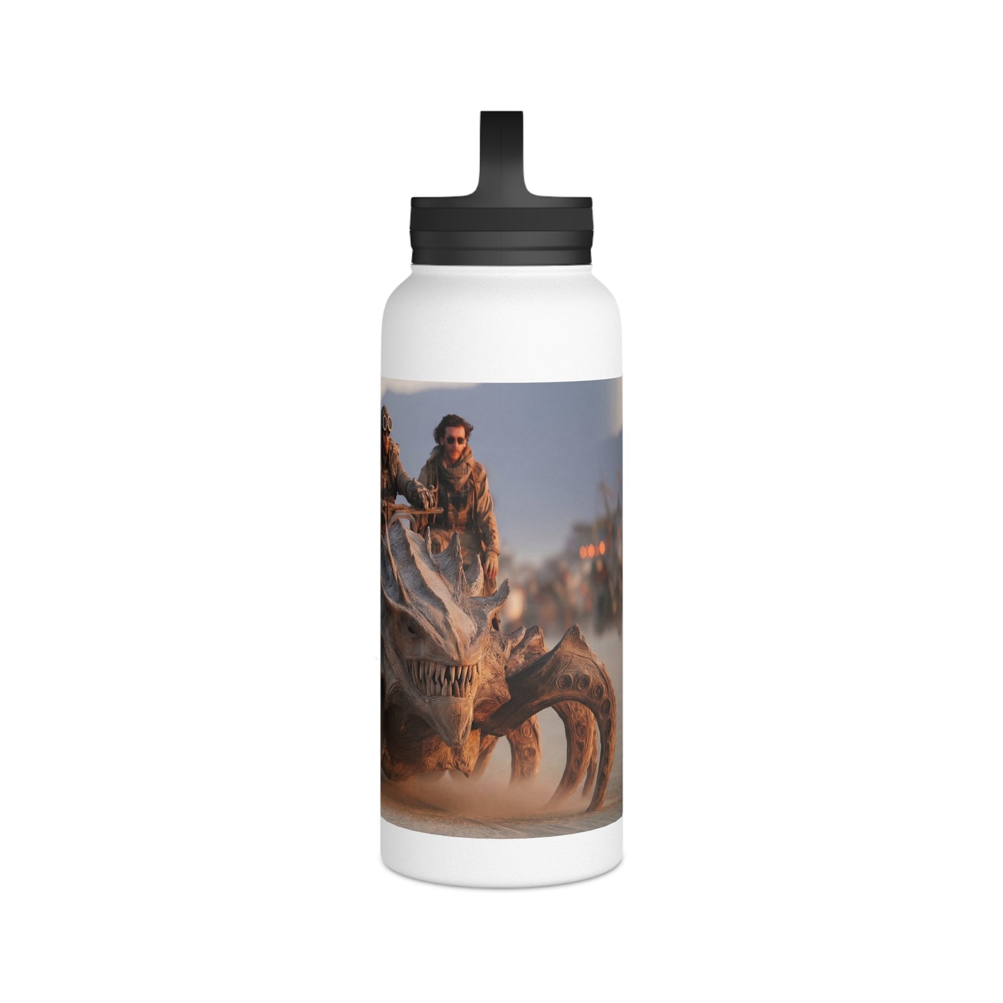 Desert Nomad Chariot Water Bottle – Handle Lid – Dust-Swirled Sunset Ride