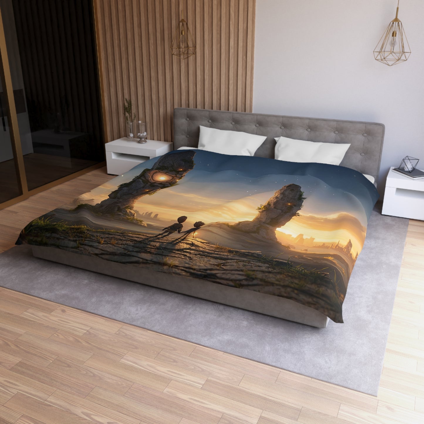 Twin Travelers Microfiber Duvet Cover – Sunset Gatekeepers of the Starlit Ruins