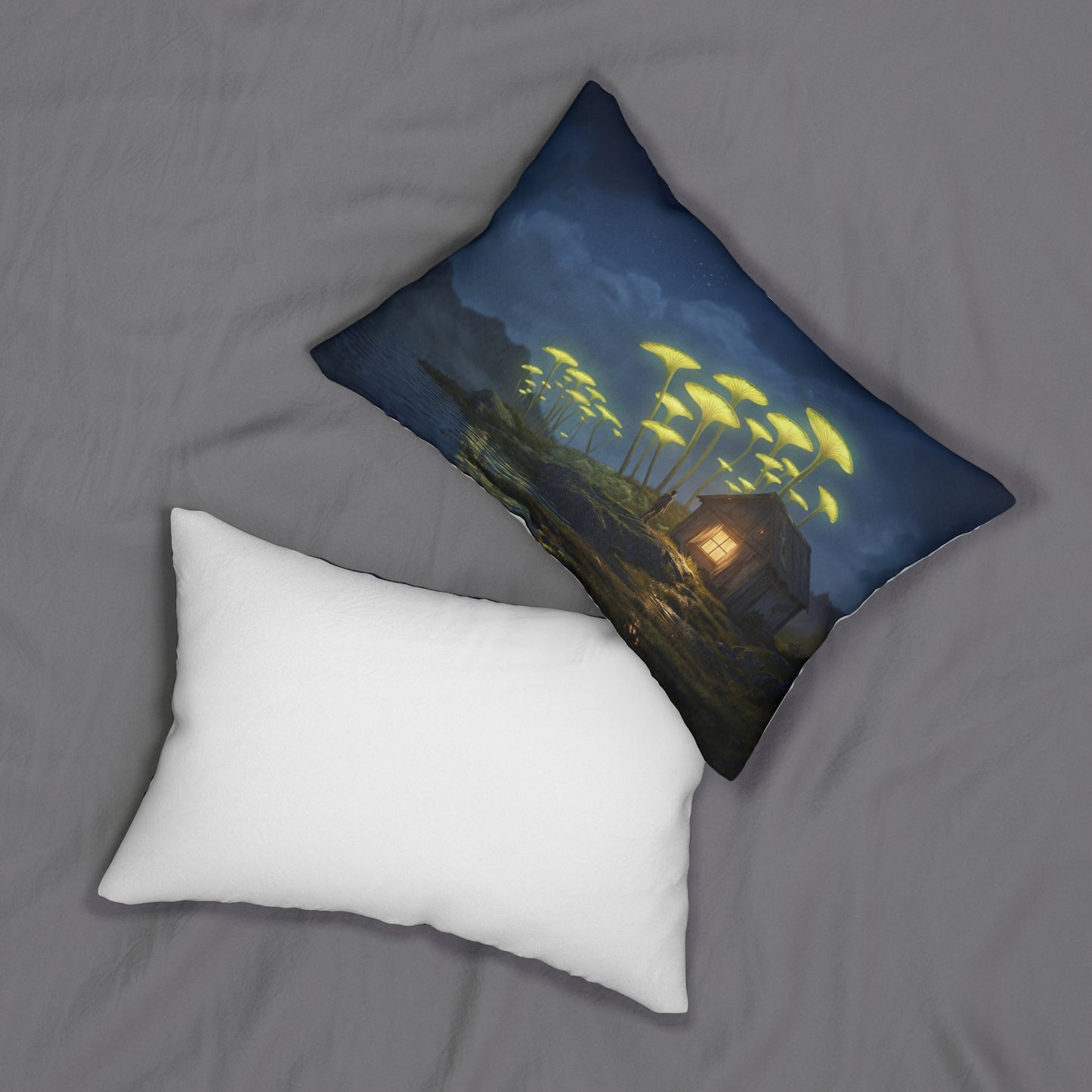 Luminous Mushroom Cottage Lumbar Pillow – Night Watcher’s Quiet Haven