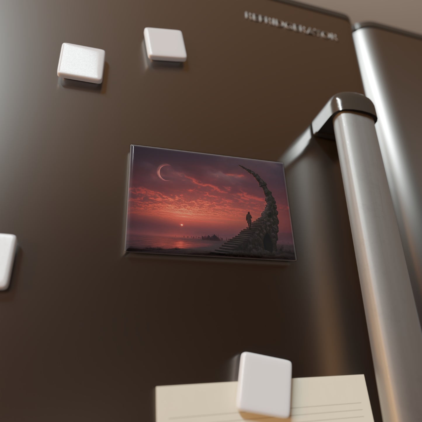 Solstice Staircase Button Magnet, Rectangle (1 & 10 pcs) – Ascending Into Crimson Twilight