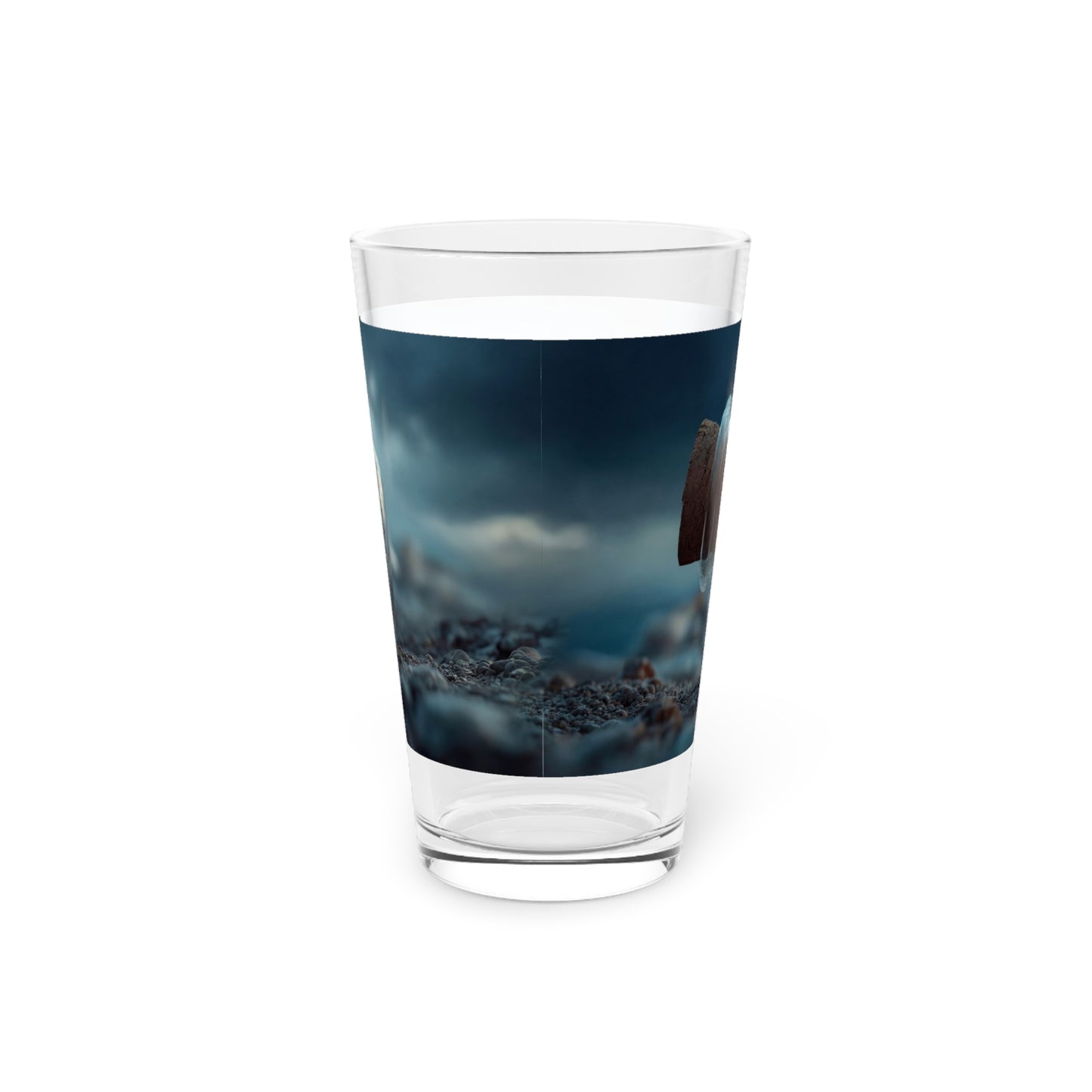 Storm Ship in Bottle Pint Glass – Captured Tempest on a Pebbled Shore