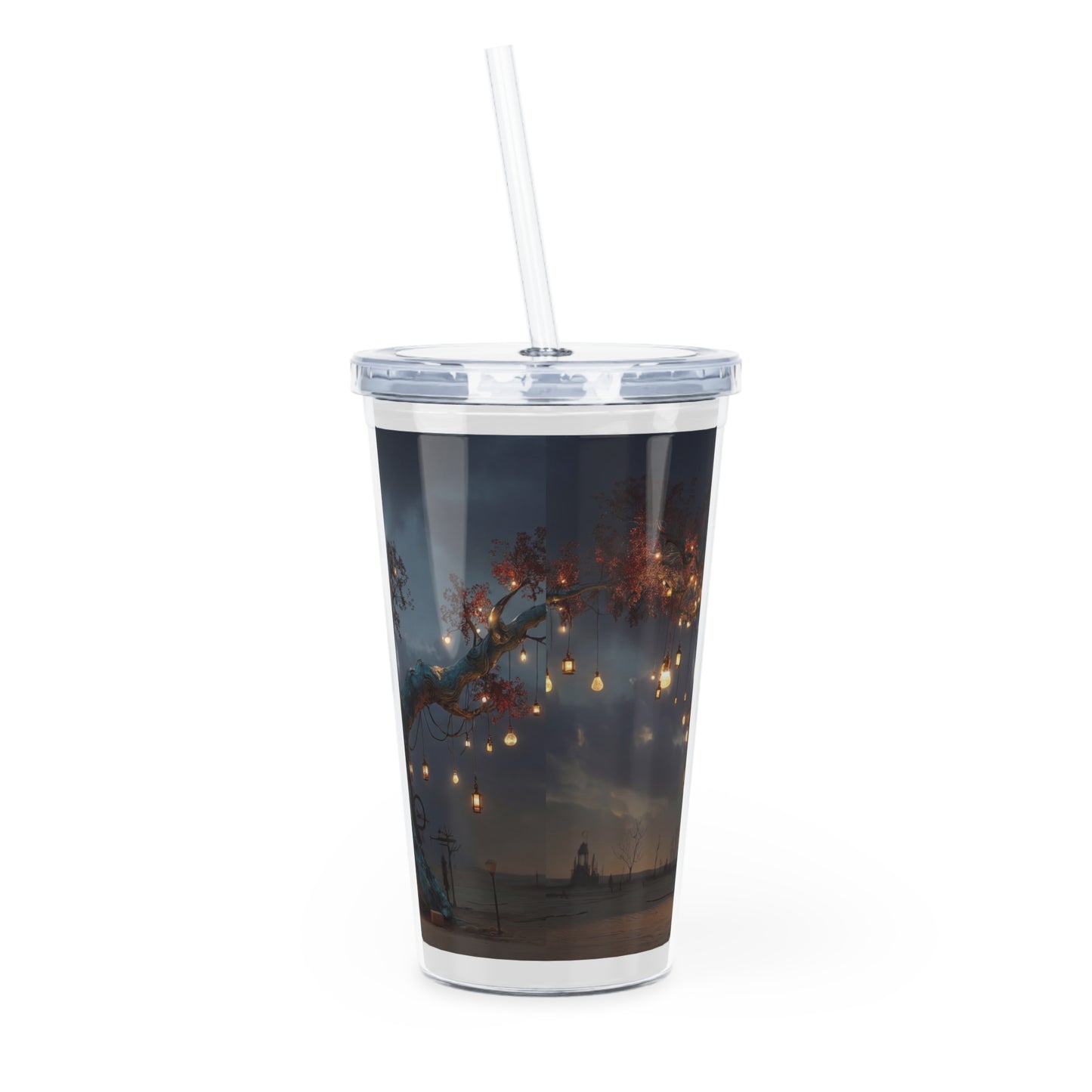 Lantern Tree Plastic Tumbler with Straw – Glow of a Forgotten Grove