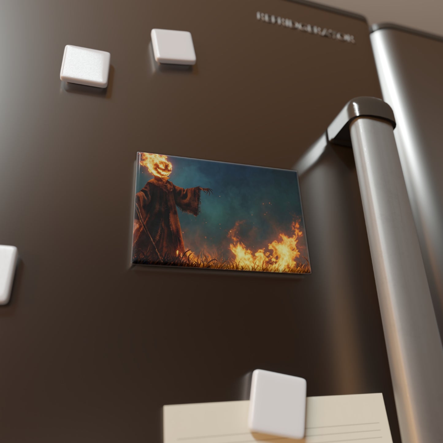 Fiery Skull Guardian Button Magnet, Rectangle (1 & 10 pcs) – Embers of the Twilight Watcher