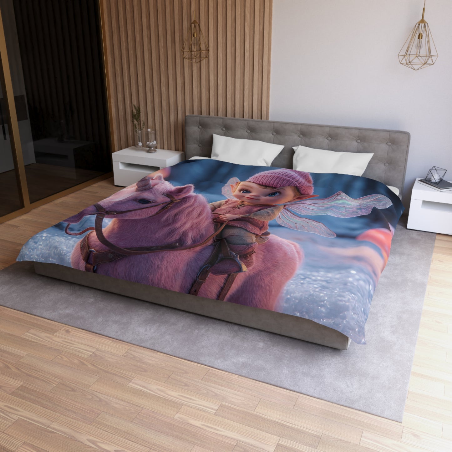Winged Elf Riding Pink Unicorn Duvet Cover – Winter Mushroom Grove Dreamscape