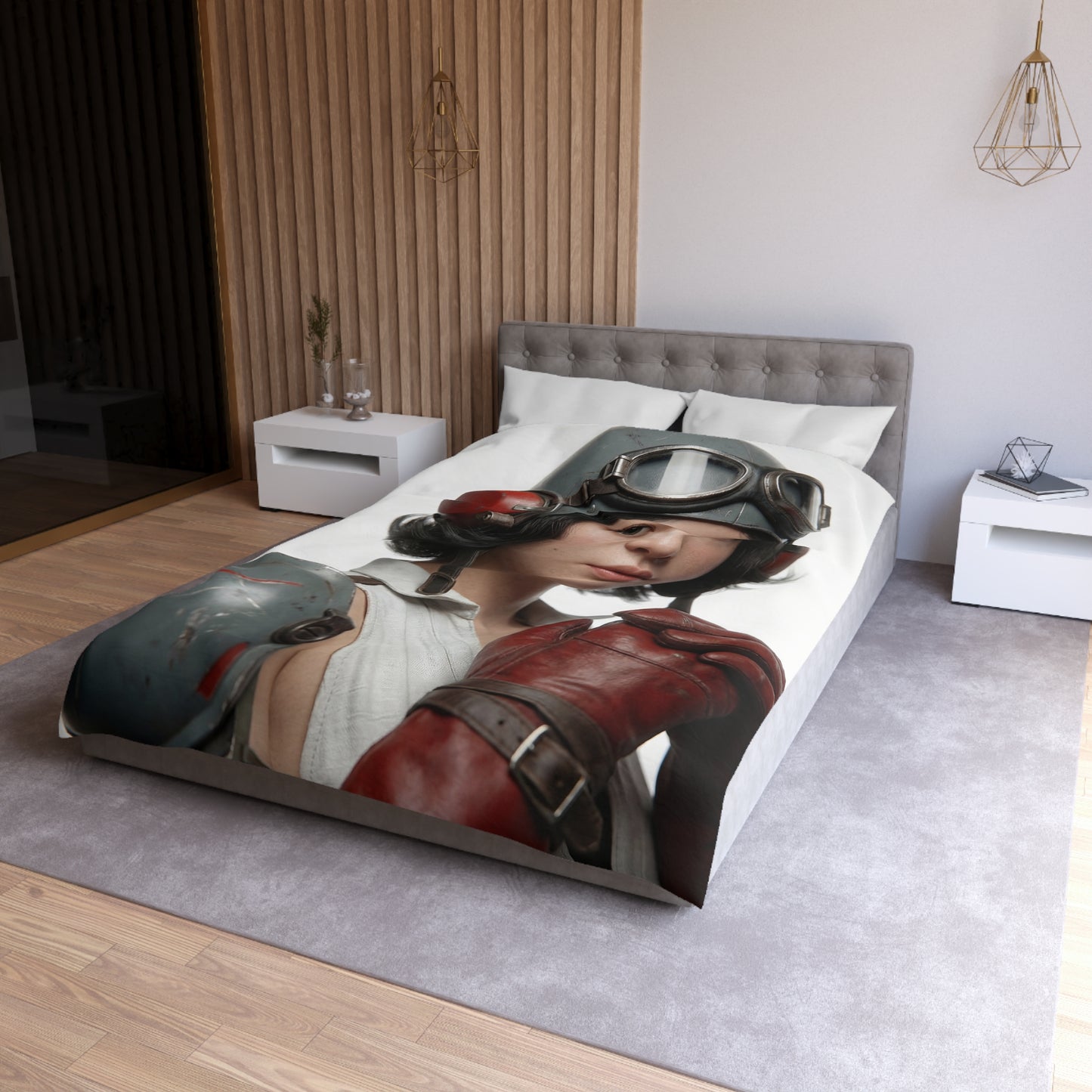 Vintage Pilot Portrait Microfiber Duvet Cover – Crimson Goggles & Steel Helm