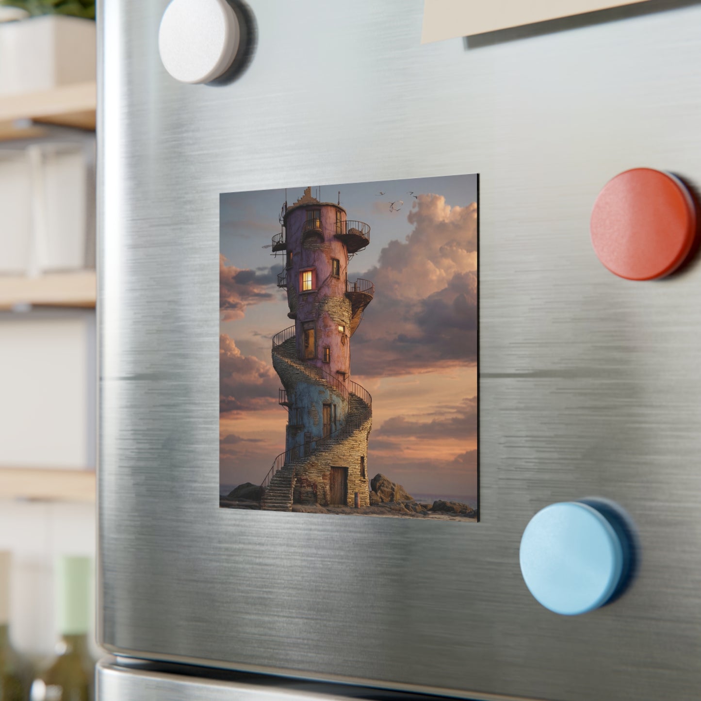 Coastal Lighthouse Tower Magnet – Sunset Sentinel on Rocky Shore
