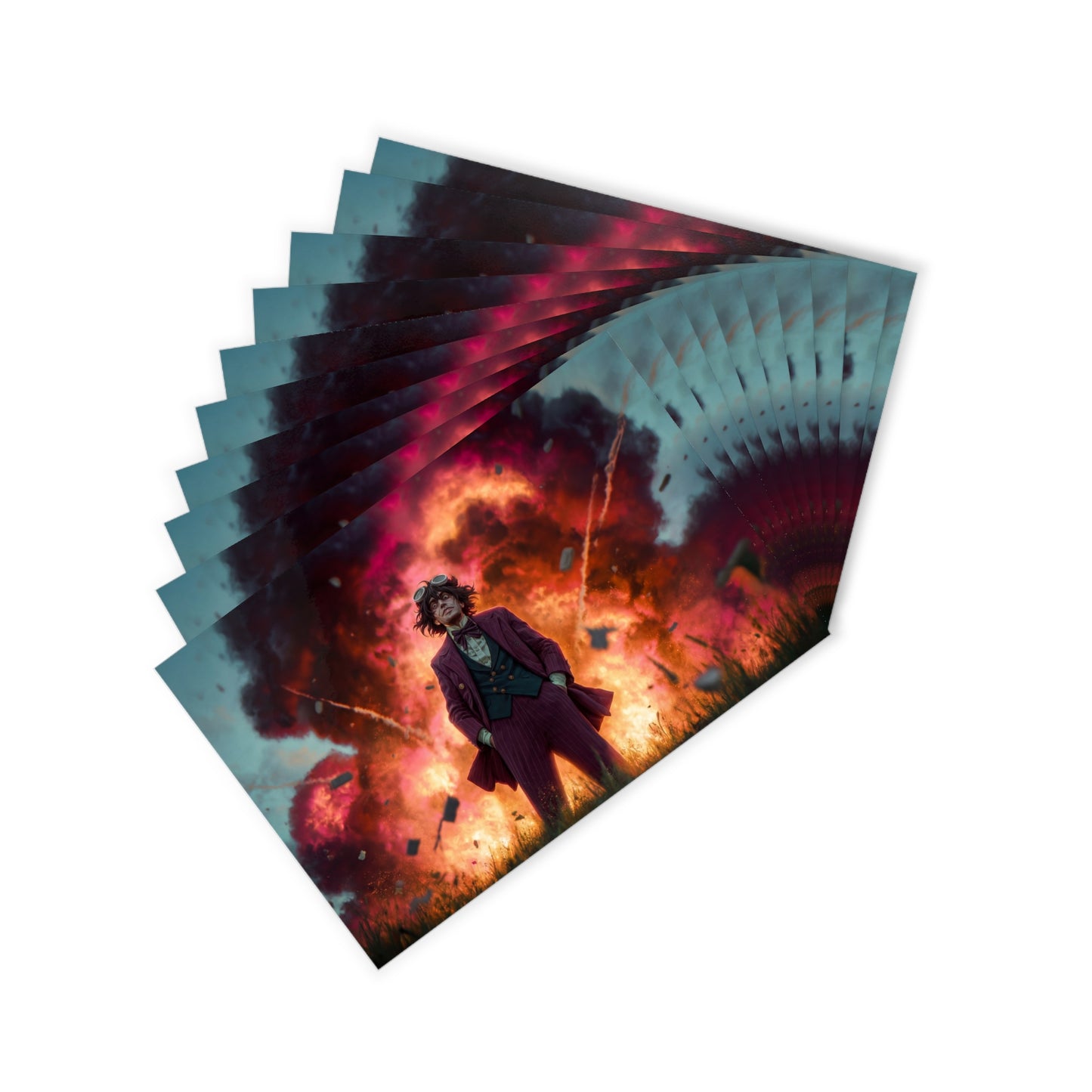 Mad Inventor Amidst Crimson Explosion Postcards (10pcs) – Unflinching Brilliance in a World of Sparks