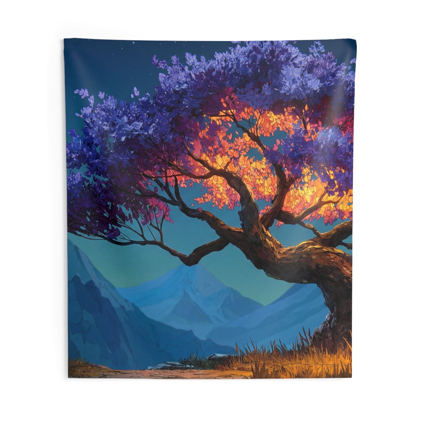 Celestial Tree Wall Tapestry – Twilight Bloom in Mountain Vale