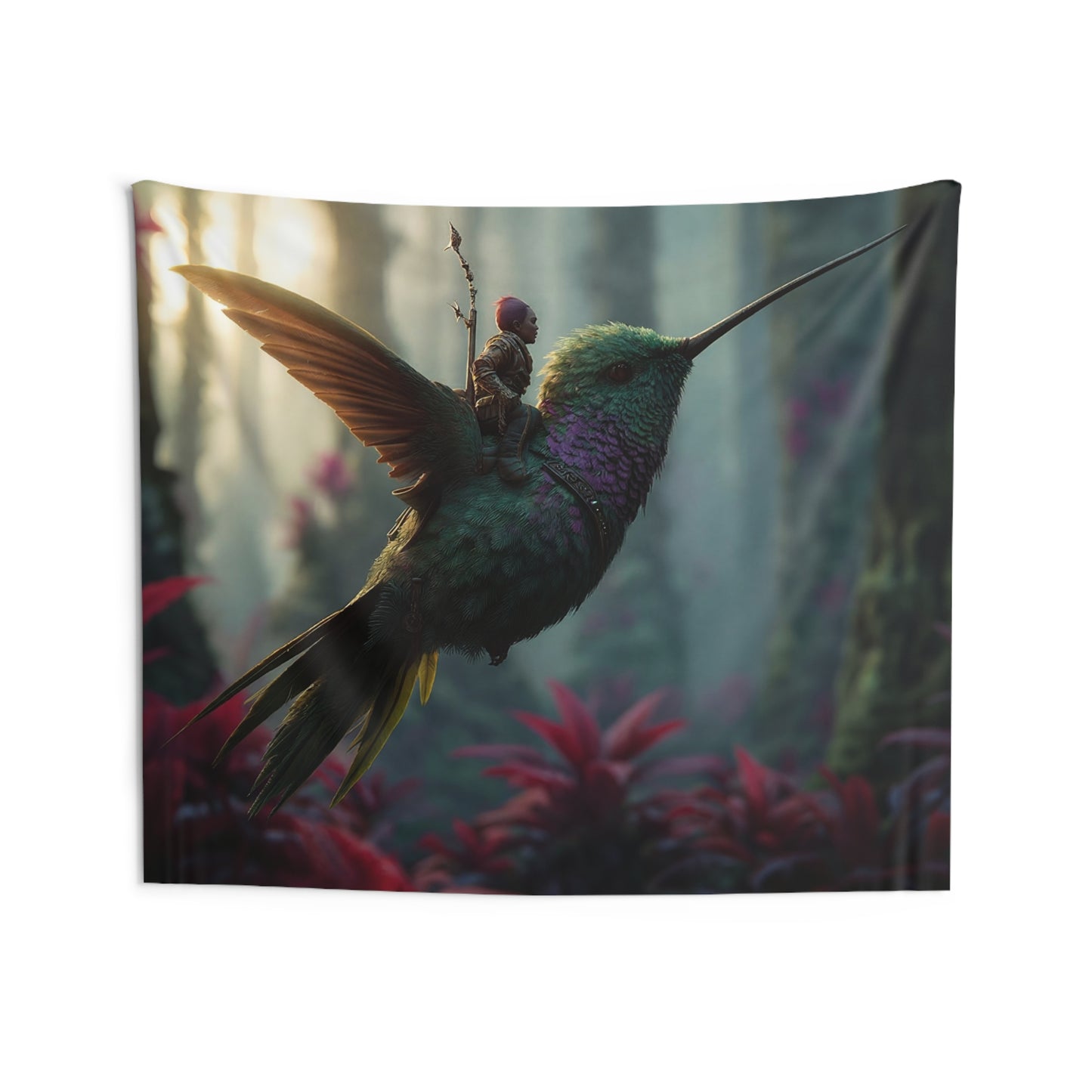 Hummingbird Rider Indoor Wall Tapestries – Dawn’s Whisper Through Verdant Canopy