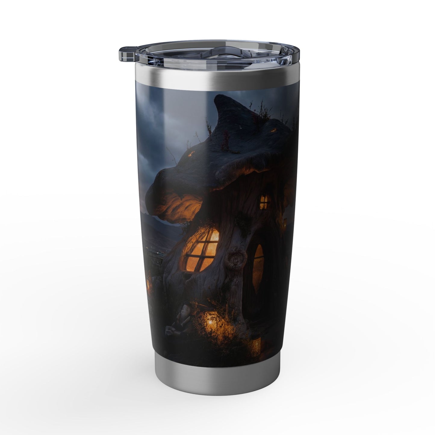 Twilight Mushroom Cottage Tumbler – Warm Light in a Wild Landscape