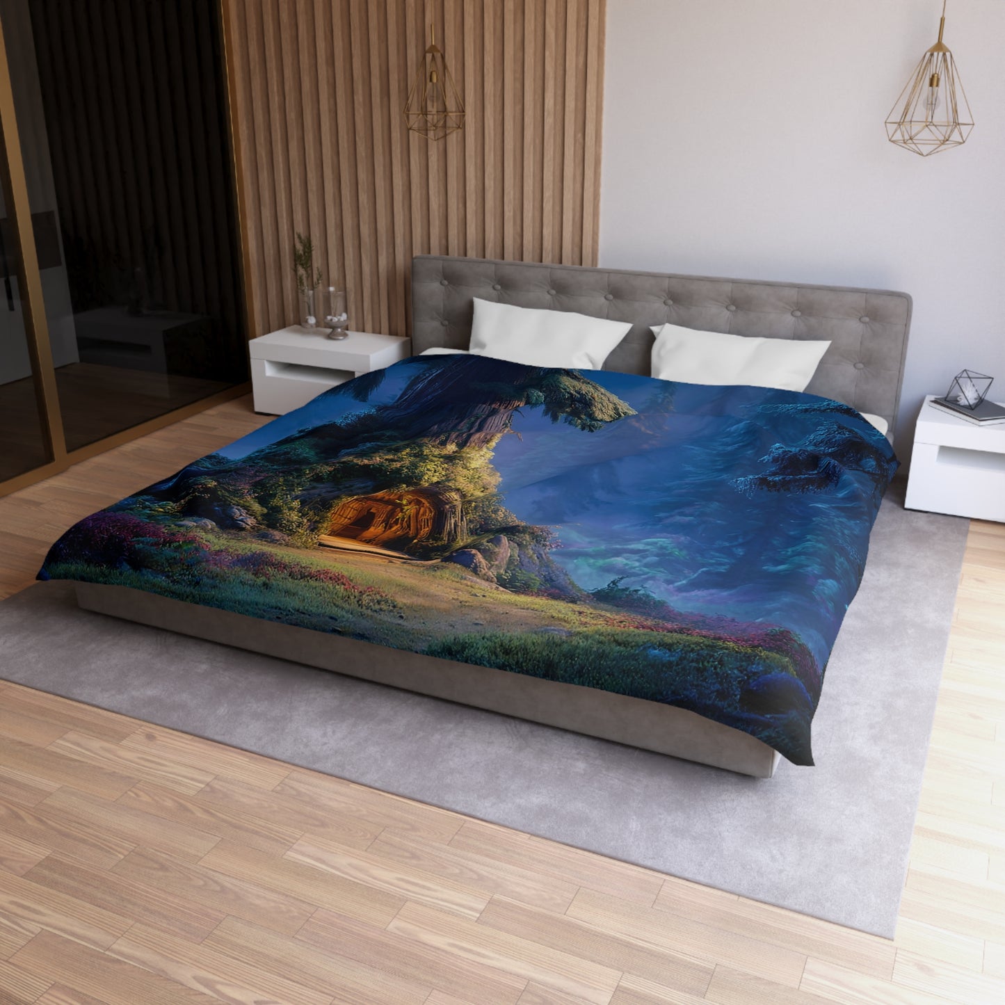 Ancient Treehouse Haven Microfiber Duvet Cover – Warm Light Through Misty Evergreens