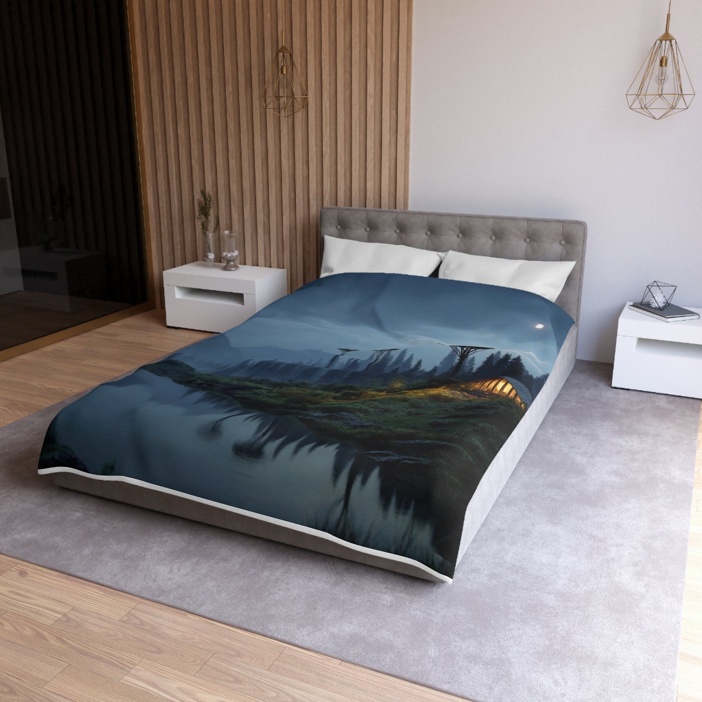 Moonlit Cabin Duvet Cover – Whispering Peaks & Silent Waters