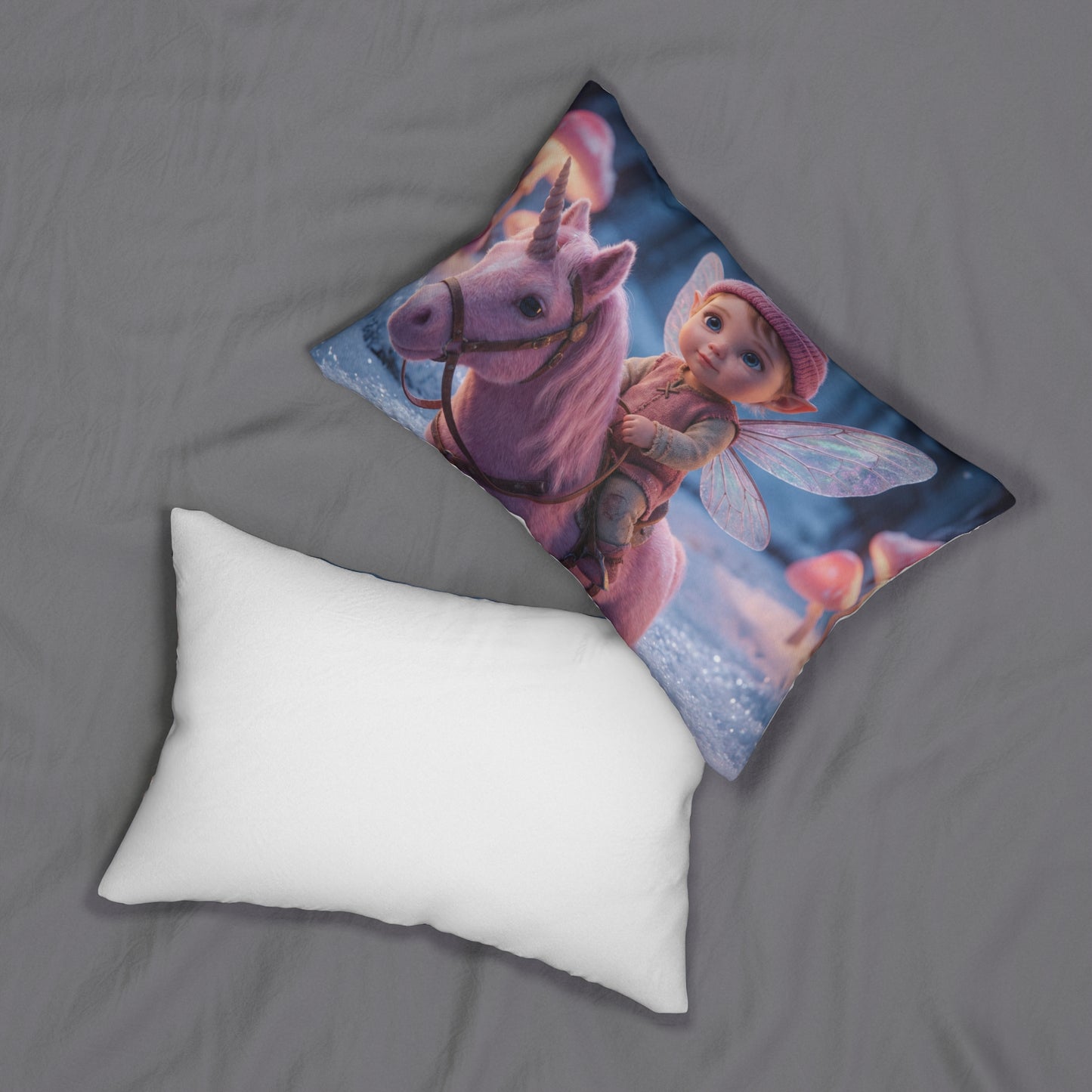 Winter Fairy Riding Unicorn Lumbar Pillow – Pink Snowglobe Fantasy