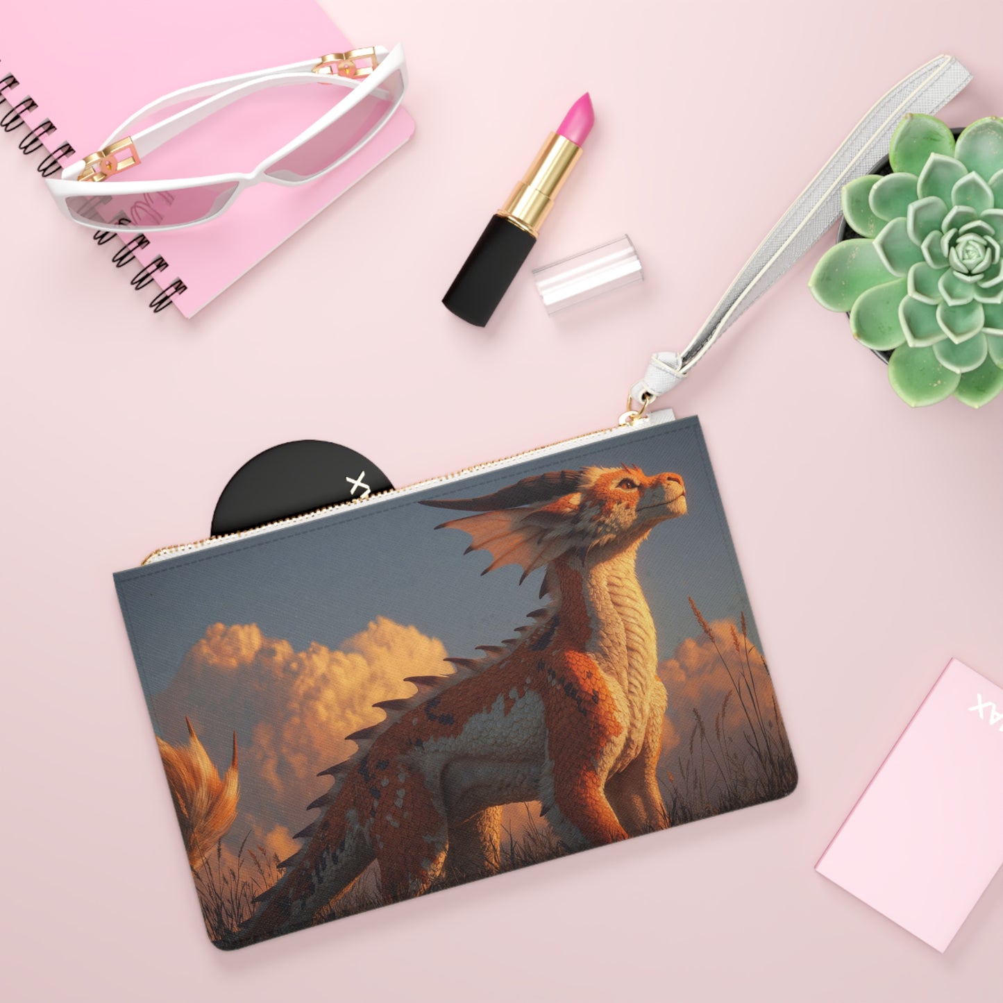 Sunset Sentinel Clutch Bag – Warm-Blaze Dragon in Golden Grass