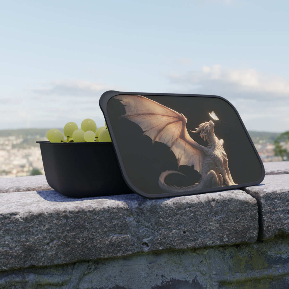 Gentle Dragon with Butterfly PLA Bento Box with Band and Utensils – Soft Glow Guardian